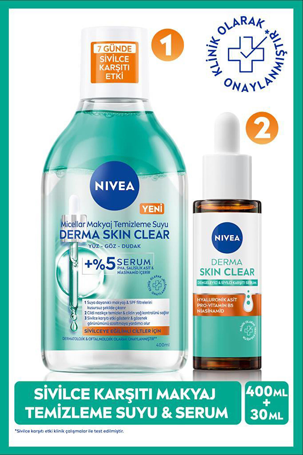 Derma Skin Clear Sivilce Karşıtı Cilt Serumu 30ml ve Micellar Makyaj Temizleme Suyu 400ml,Niasinamid