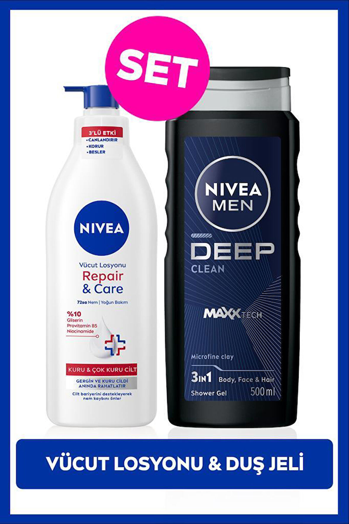 MEN Erkek Deep Dimension Duş Jeli 500ml ve Repair&Care Nemlendirici Vücut Losyonu 400ml, Kuru Cilt