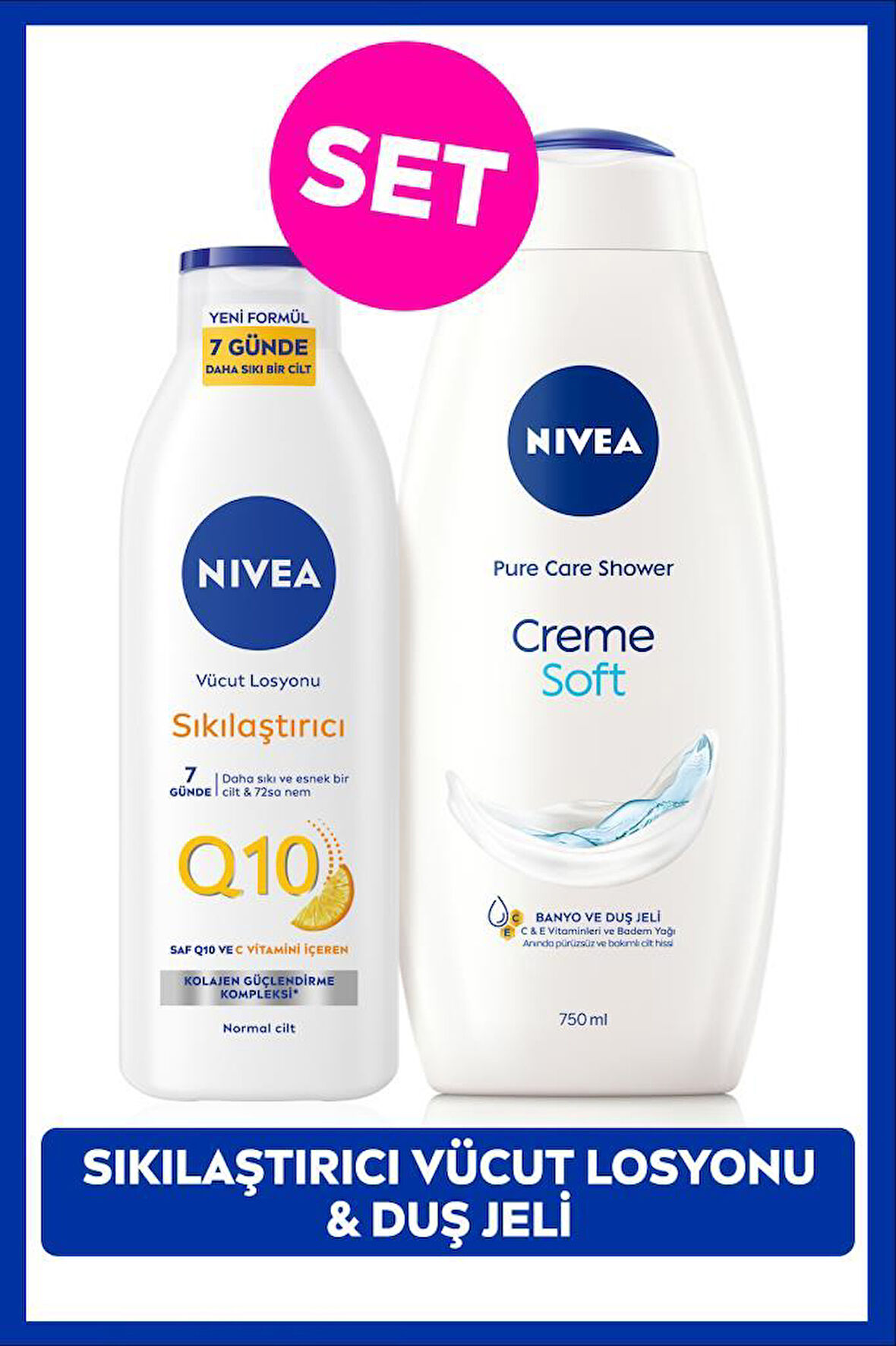 Creme Soft Kremsi Dokunuş Duş Jeli 750ml ve Q10 Sıkılaştırıcı Nemlendrici Vücut Bakım Losyonu 250ml