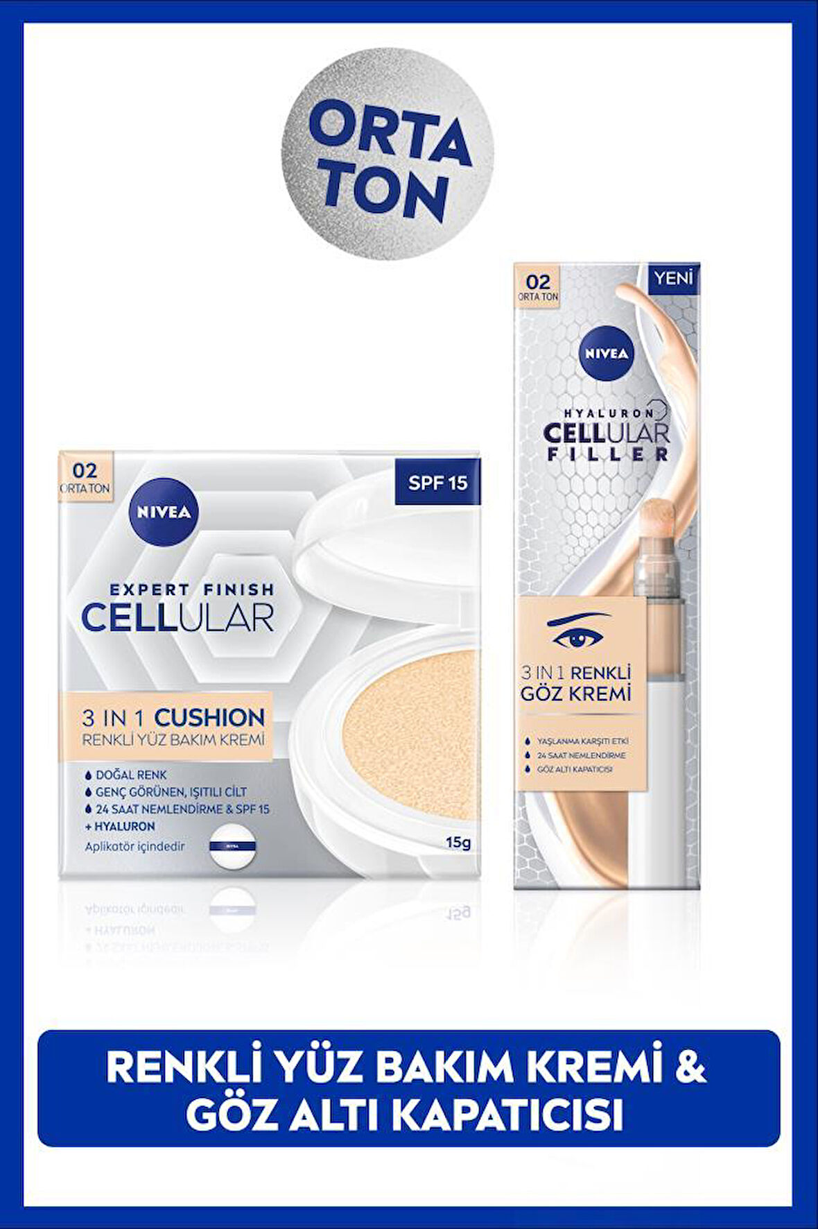 SPF15 Cellular Expert Finish Cushion Renkli Yüz Bakım Kremi 15ml ve Göz Bakım Kremi 15ml, Orta Ton