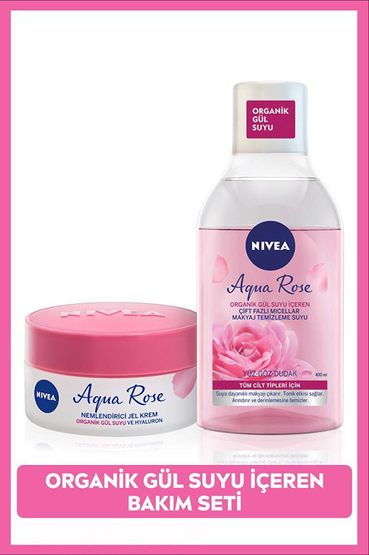 Aqua Rose Gül Suyu Çift Fazlı Micellar Makyaj Temizleme Suyu 400ml ve Nemlendirici Jel Krem 50ml