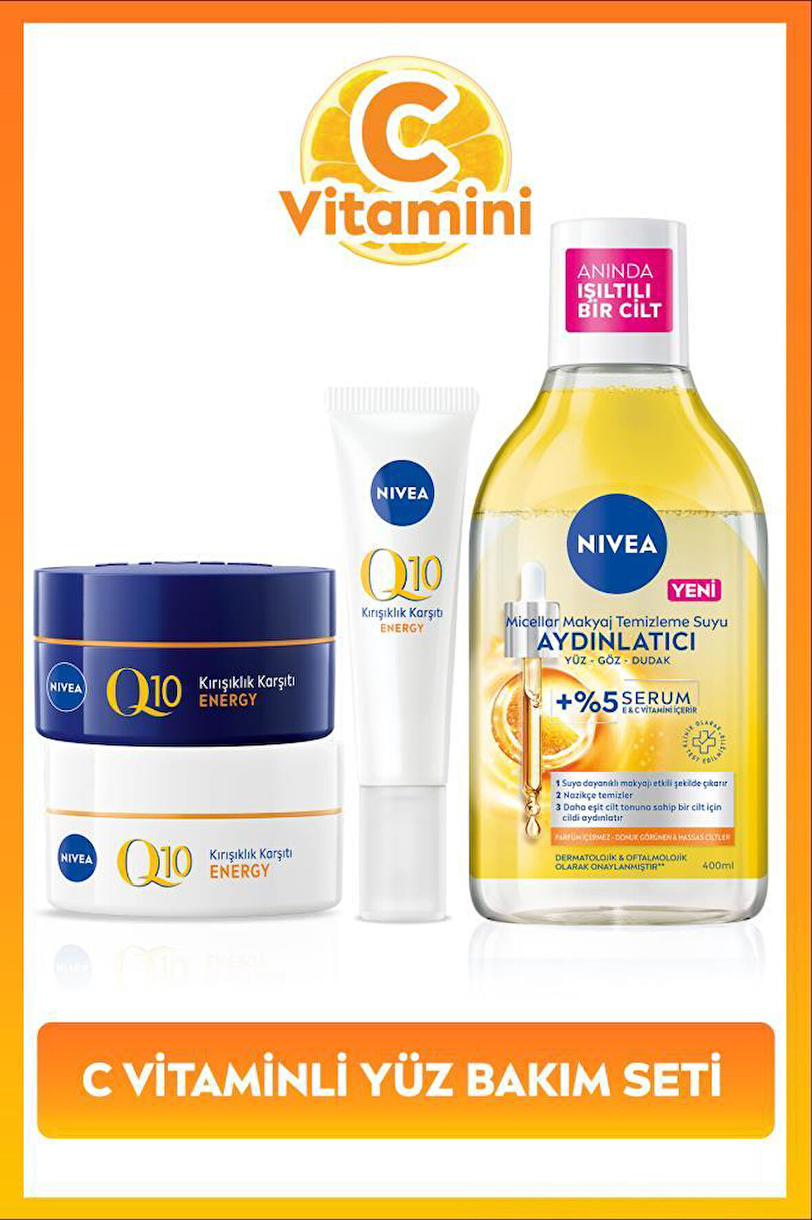 C Vitamini Bakım Seti, Micellar Makyaj Temizleme Suyu 400ml,Göz Kremi 15ml, Gündüz ve Gece Yüz Kremi