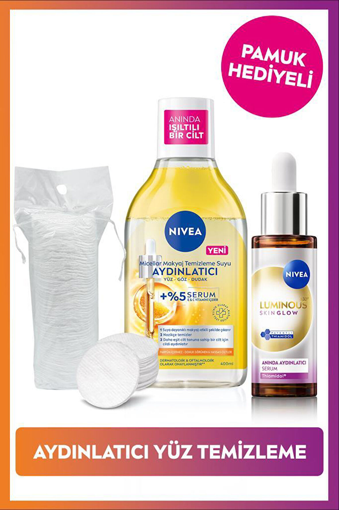 Aydınlatıcı Bakım Seti, Makyaj Temizleme Suyu 400ml ve Luminous630 Skin Glow Serum 30ml,Pamuk Hediye