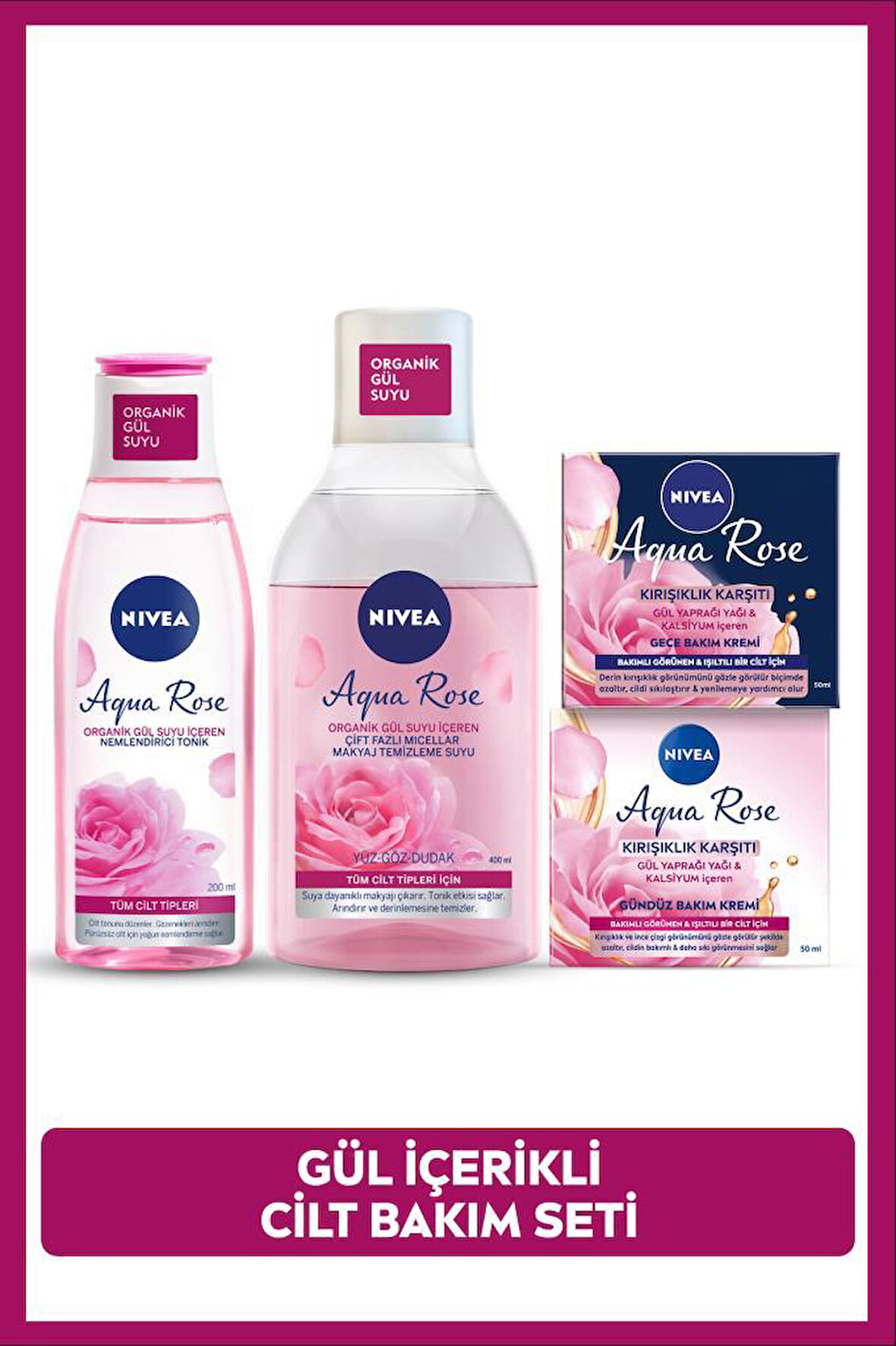 Aqua Rose Gül Suyu İçeren Çeyiz Seti, Makyaj Temizleme Suyu 400ml, Tonik 200ml, Gündüz ve Gece Kremi