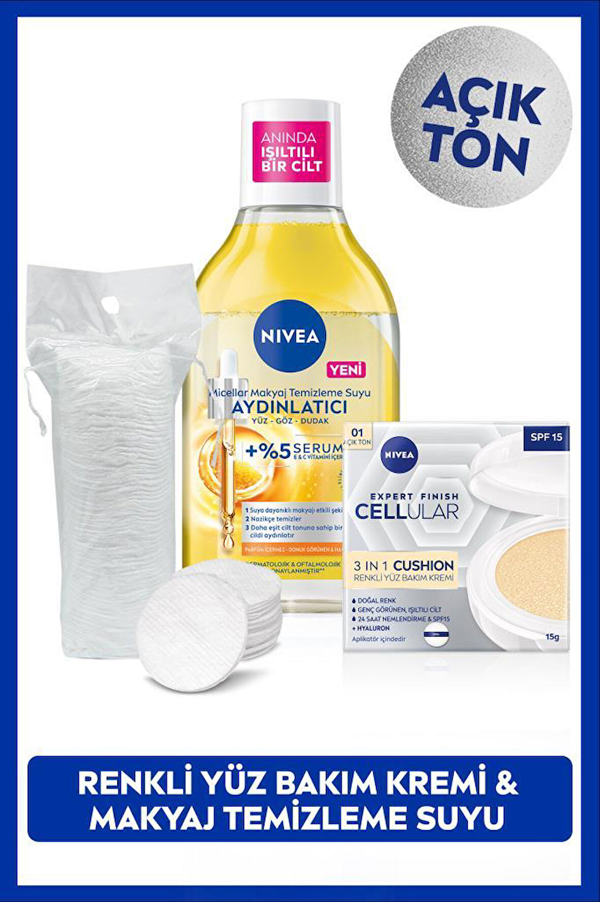 Micellar Makyaj Temizleme Suyu 400ml ve Cellular Expert Cushion Yüz Güneş Krem,Açık Ton,Pamuk Hediye
