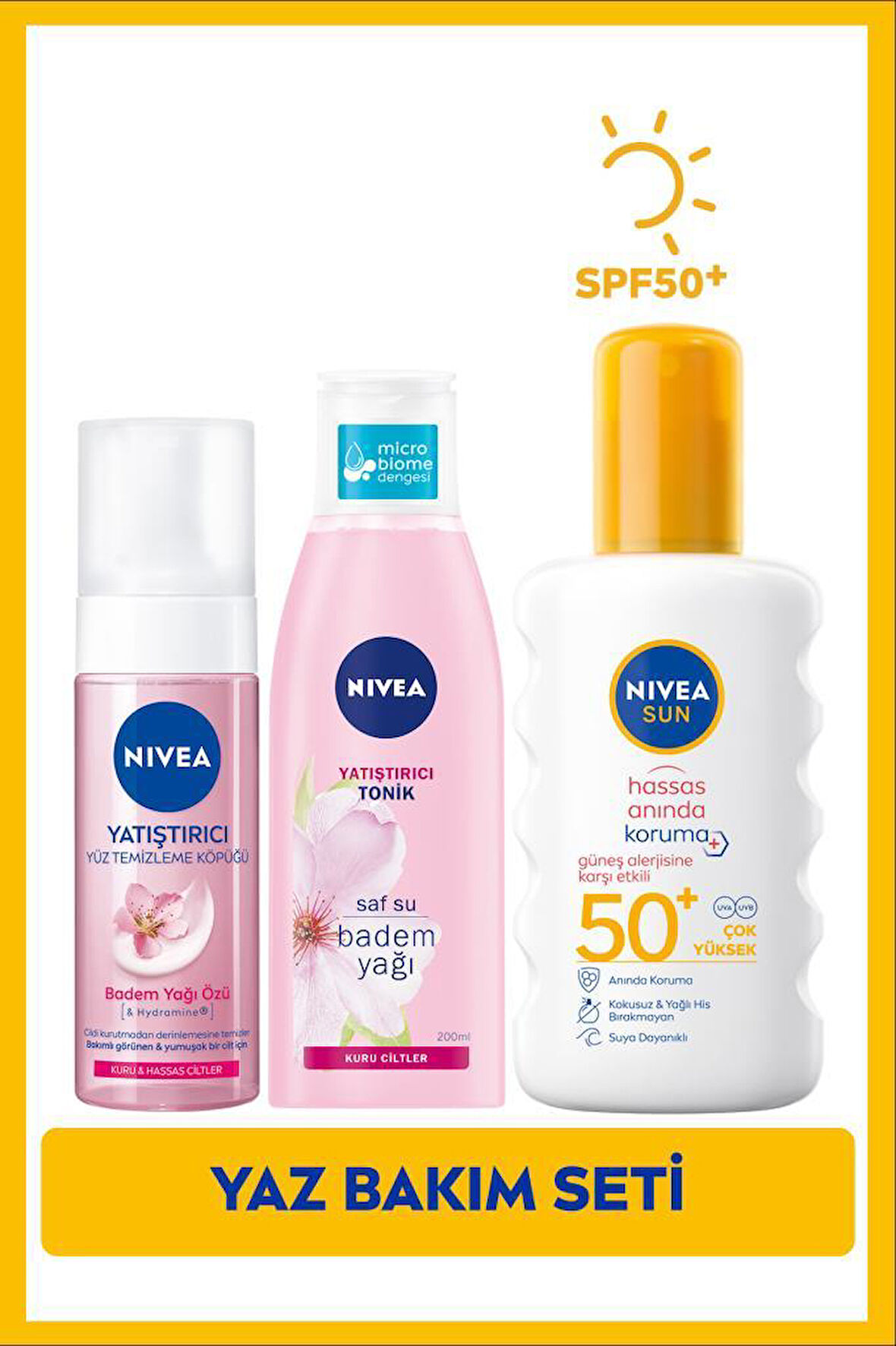 SUN SPF50 Anında Güneş Koruyucu Vücut Spreyi 200ml, Yüz Temizleme Köpüğü, Tonik 200ml, Hassas Cilt