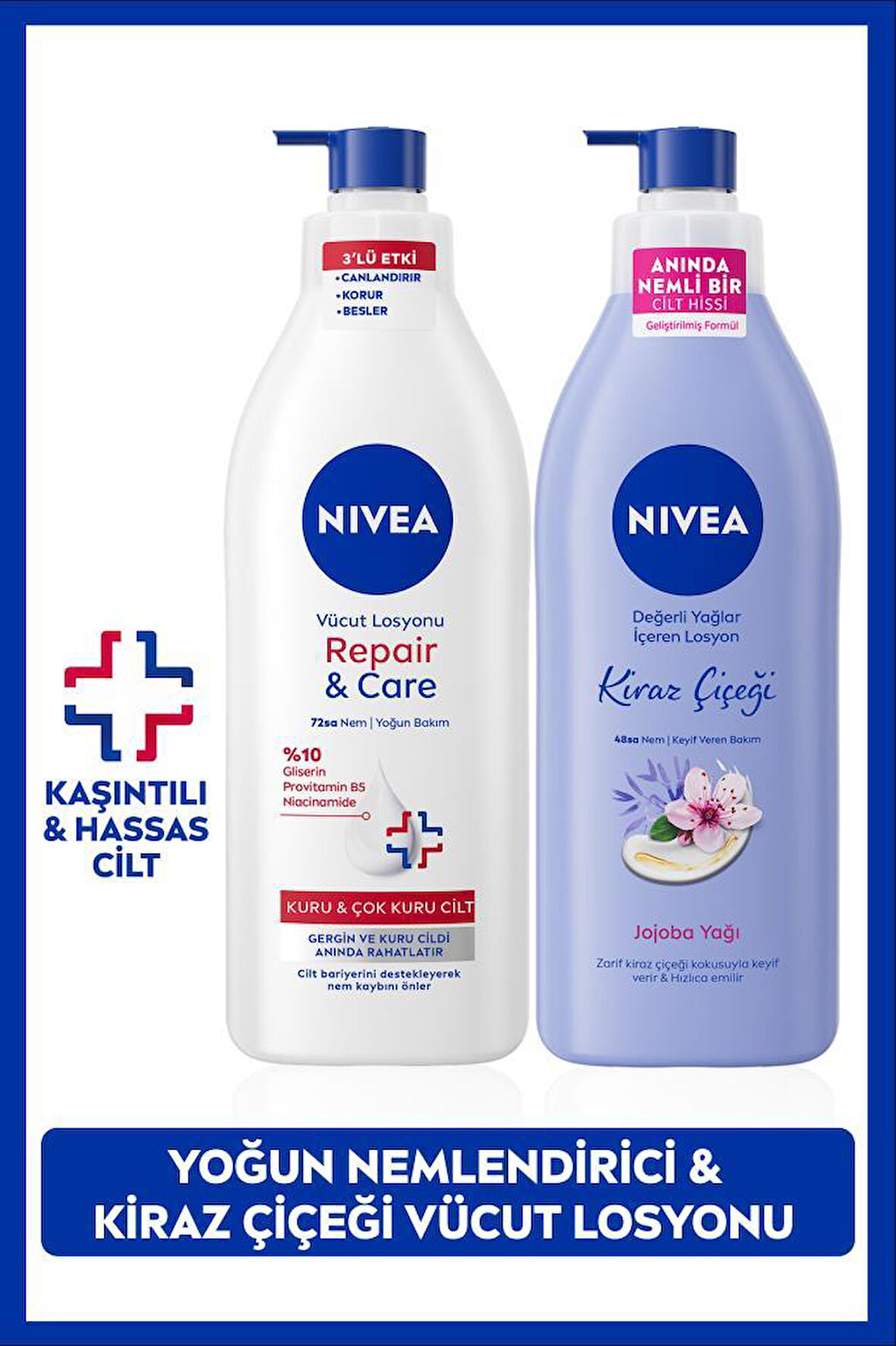 Kiraz Çiçeği Vücut Losyonu ve Repair&Care Nemlendirici Losyon 400ml, Kaşıntı Rahatlatıcı, Kuru Cilt