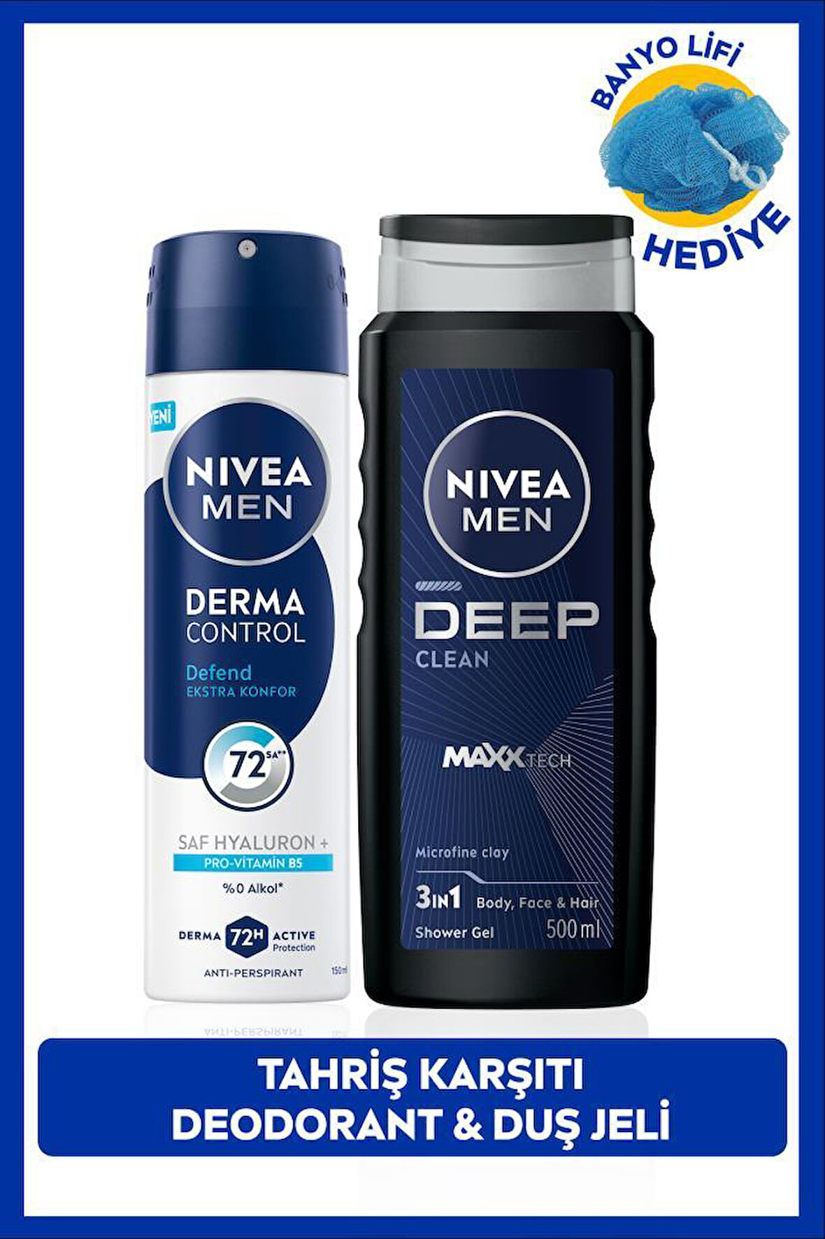 MEN Erkek Deep Dimension Duş Jeli 500ml ve Sprey Deodorant Derma Control Defend 150ml, Lif Hediyeli