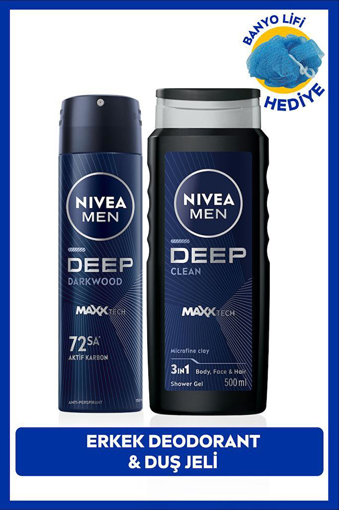 MEN Erkek Sprey Deodorant Deep Dimension 150ml ve Deep Dimension Duş Jeli 500ml, Banyo Lifi Hediyeli