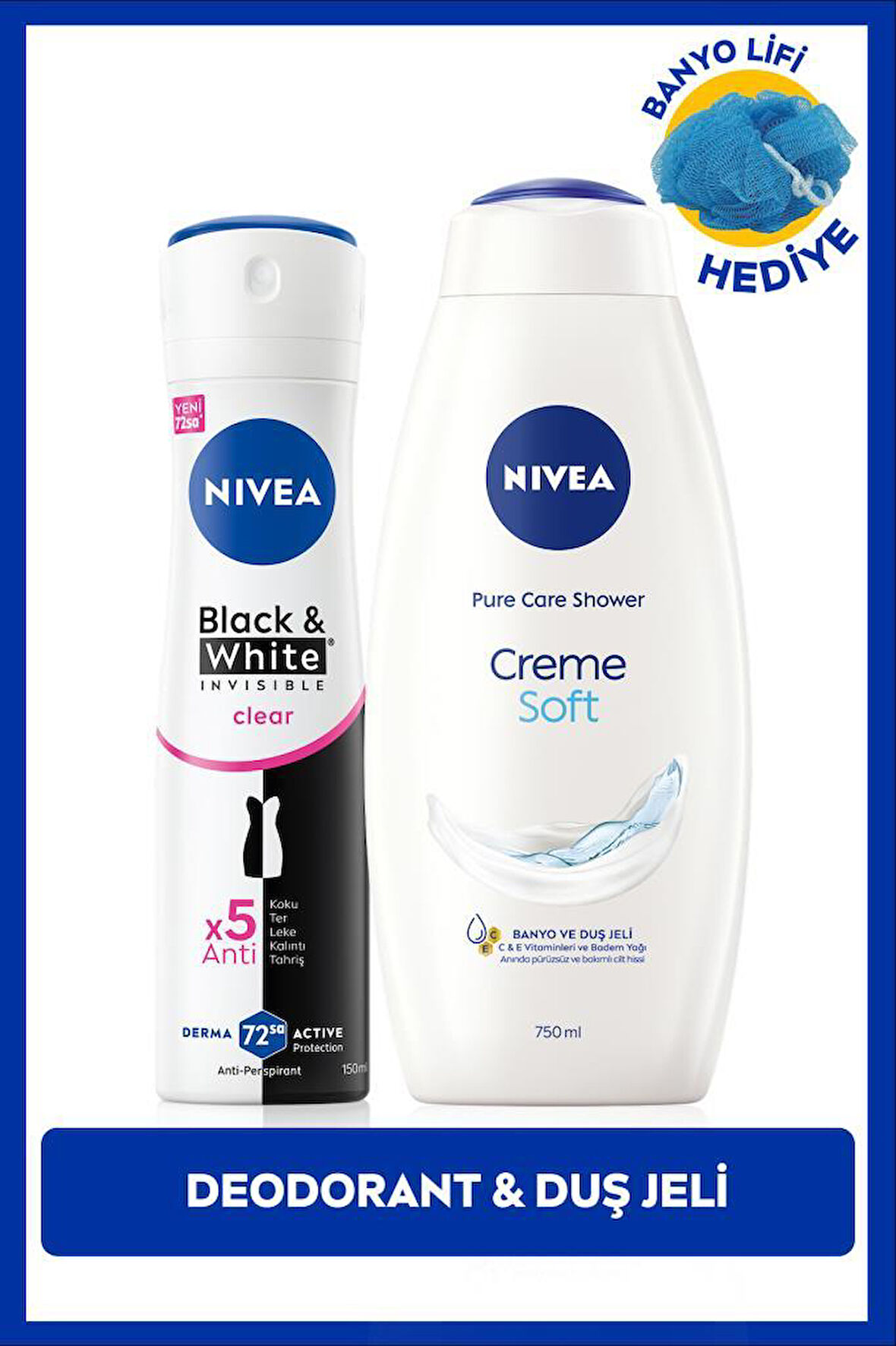 Kadın Sprey Deodorant Black&White Invisible Clear 150ml ve Creme Soft Duş Jeli 750ml, Lif Hediyeli