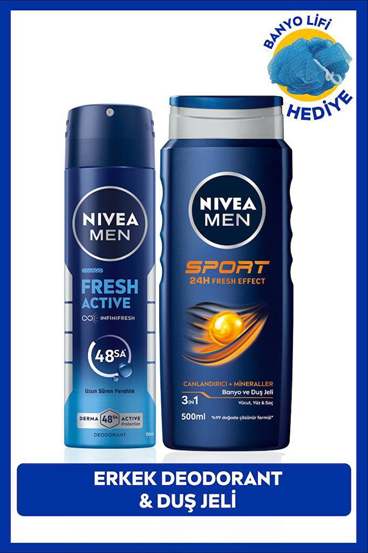 MEN Erkek Sprey Deodorant Fresh Active 150ml ve Sport Duş Jeli 500ml, Banyo Lifi Hediyeli, Pudrasız