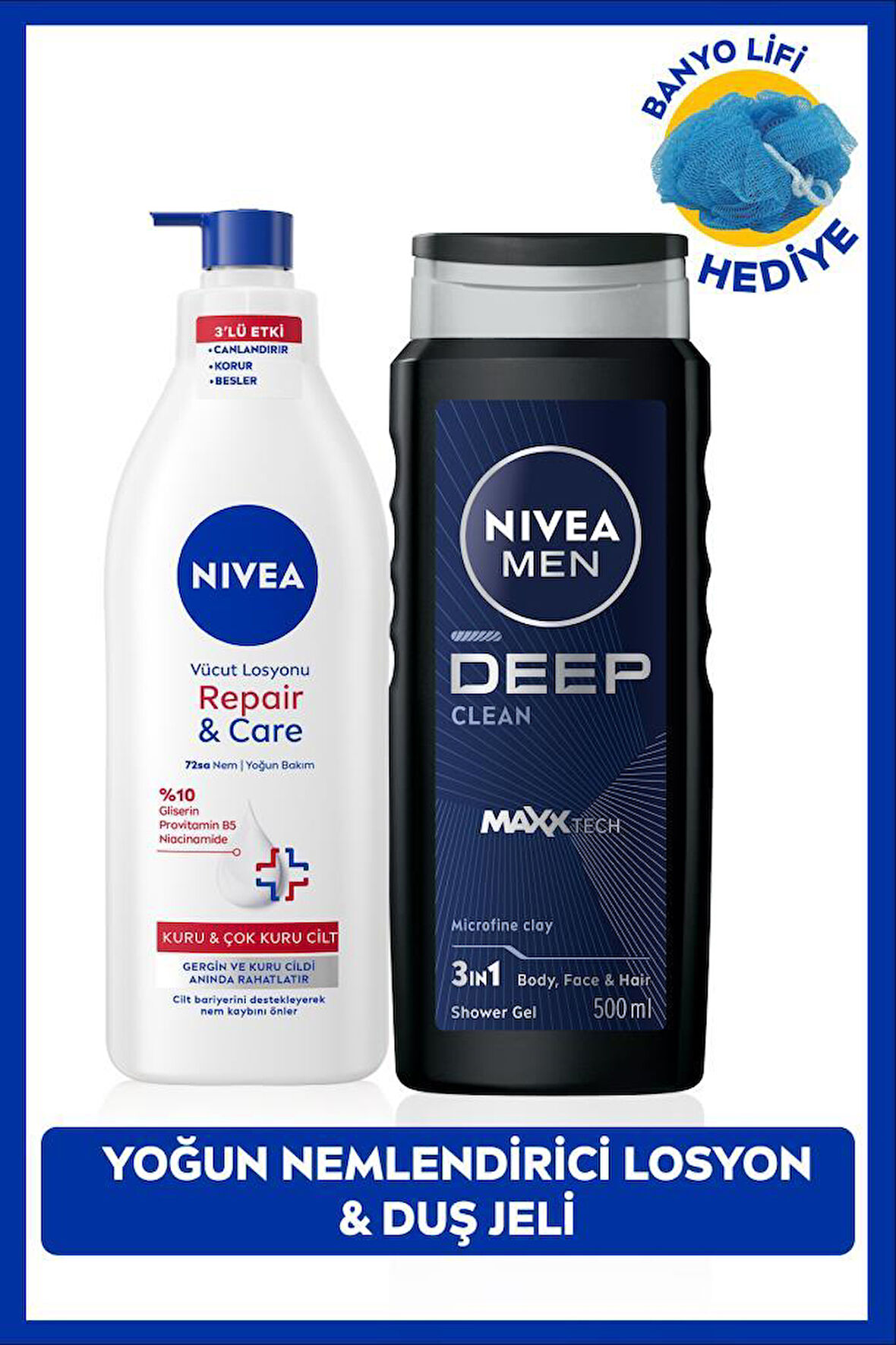 MEN Erkek Deep Dimension Duş Jeli 500ml ve Repair Care Nemlendirici Vücut Losyonu 400ml, Lif Hediye