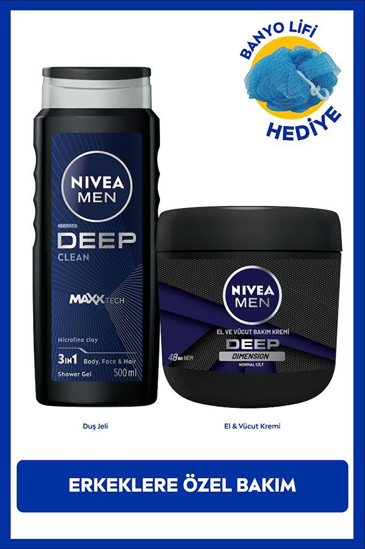 MEN Erkek Deep Dimension Duş Jeli 500ml ve Deep Impact Nemlendirici El Vücut Kremi 400ml, Lif Hediye