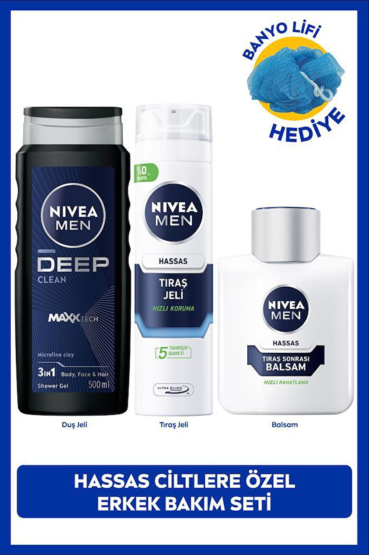 MEN Erkek Deep Dimension Duş Jeli 500ml, Hassas Tıraş Jeli ve Tıraş Sonrası Balsam 100ml, Lif Hediye