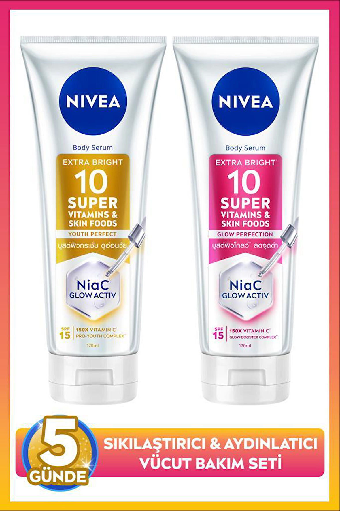SPF15 Super10 Serum Etkili Sıkılaştırıcı Vücut Losyon 170ml ve Aydınlatıcı Losyon 170ml,Nemlendirici