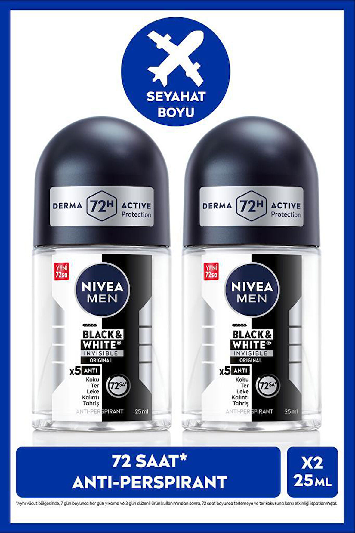 MEN Erkek Roll-on Deodorant Black&White Invisible Original 25ml, 72 Saat Anti-perspirant Ter Koruması, Seyahat Boyu, Sarı Leke Karşıtı, Alkolsüz, X2 Adet