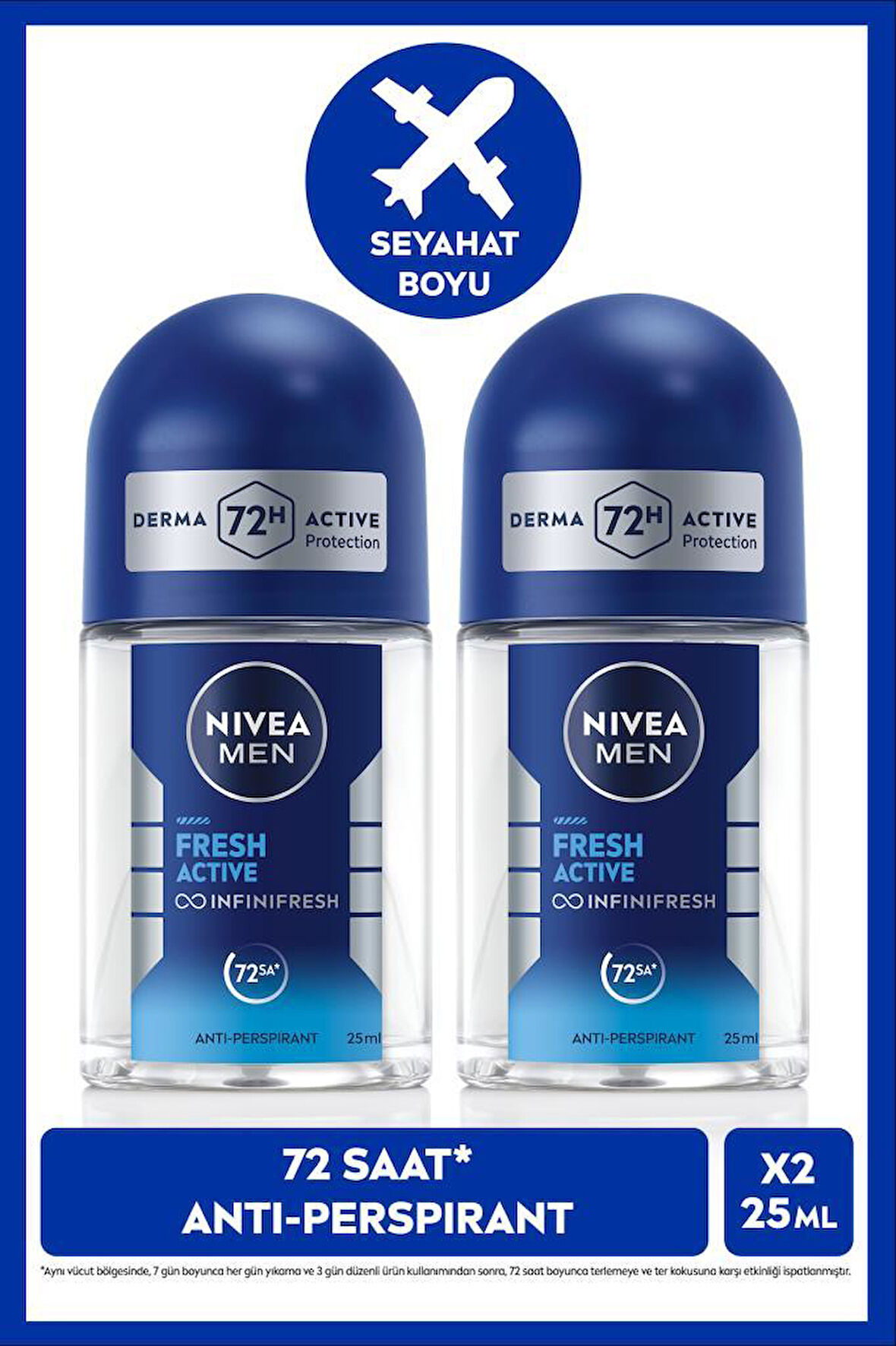 NIVEA MEN Erkek Roll-on Deodorant Fresh Active 25ml, 72 Saat Anti-perspirant Koruma, Seyahat Boyu, Ter Kokusuna Karşı Koruma, Aluminyum İçermez, X2 Adet