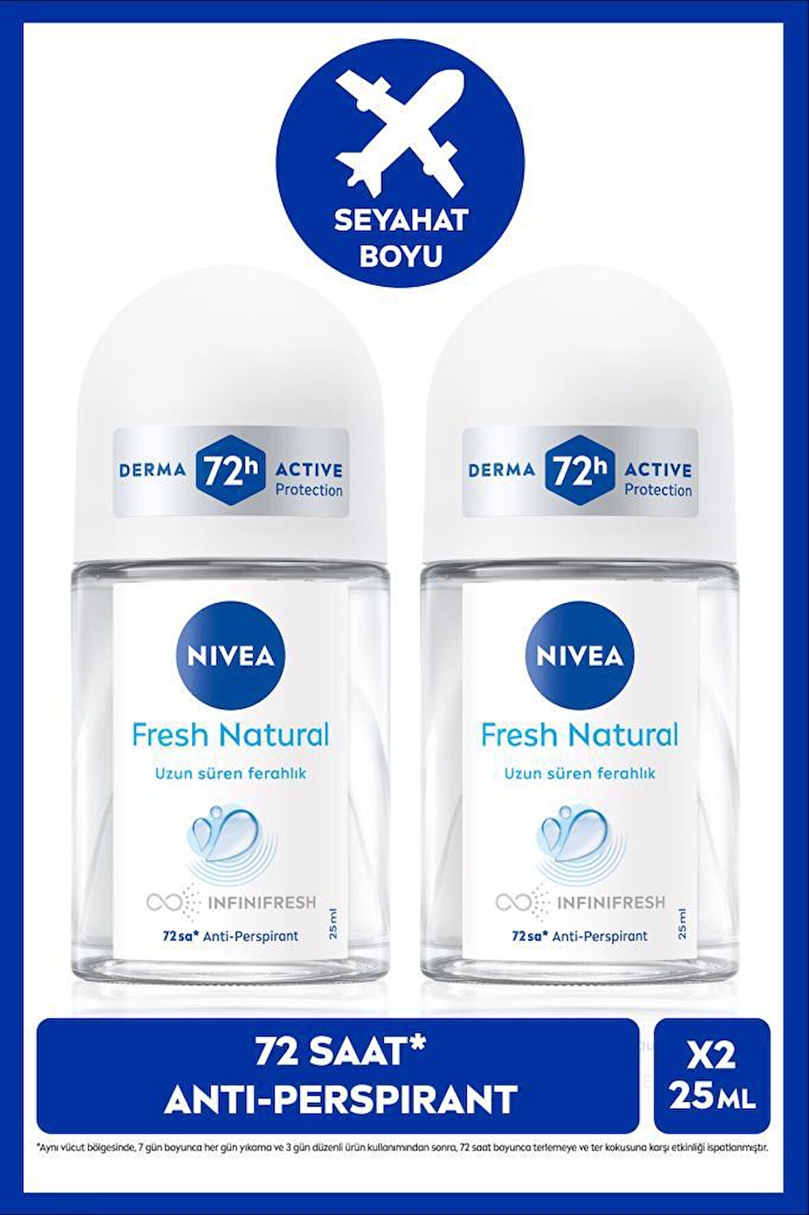 NIVEA Kadın Roll-on Deodorant Fresh Natural 25ml, 72 Saat Anti-perspirant Koruma, Seyahat Boyu, Terlemeye Karşı Koruma, Uzun Süren Ferahlık, X2 Adet