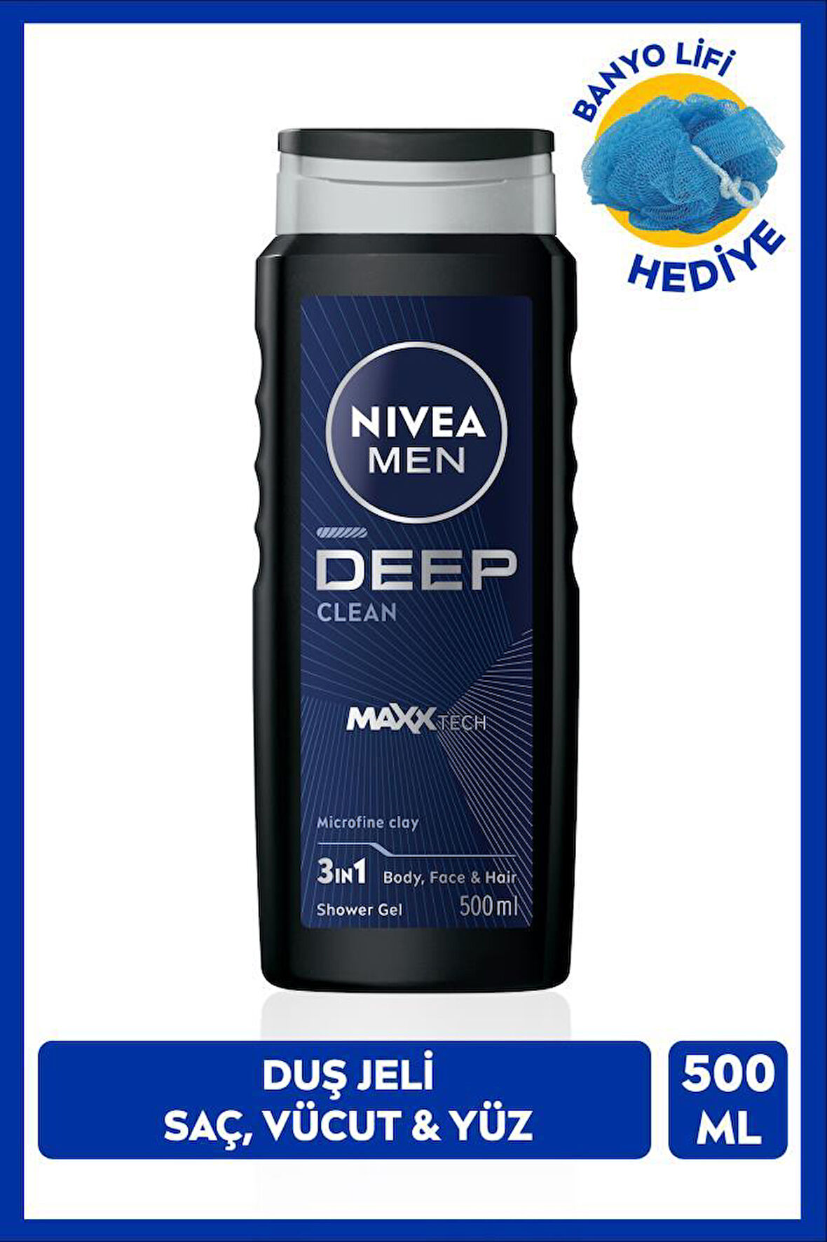 NIVEA MEN Erkek Deep Dimension Banyo Ve Duş Jeli 500ml, 3'ü1 Arada Vücut Bakım, Vücut Saç Ve Yüz, Banyo Lifi Hediyeli, Avantajlı Paket