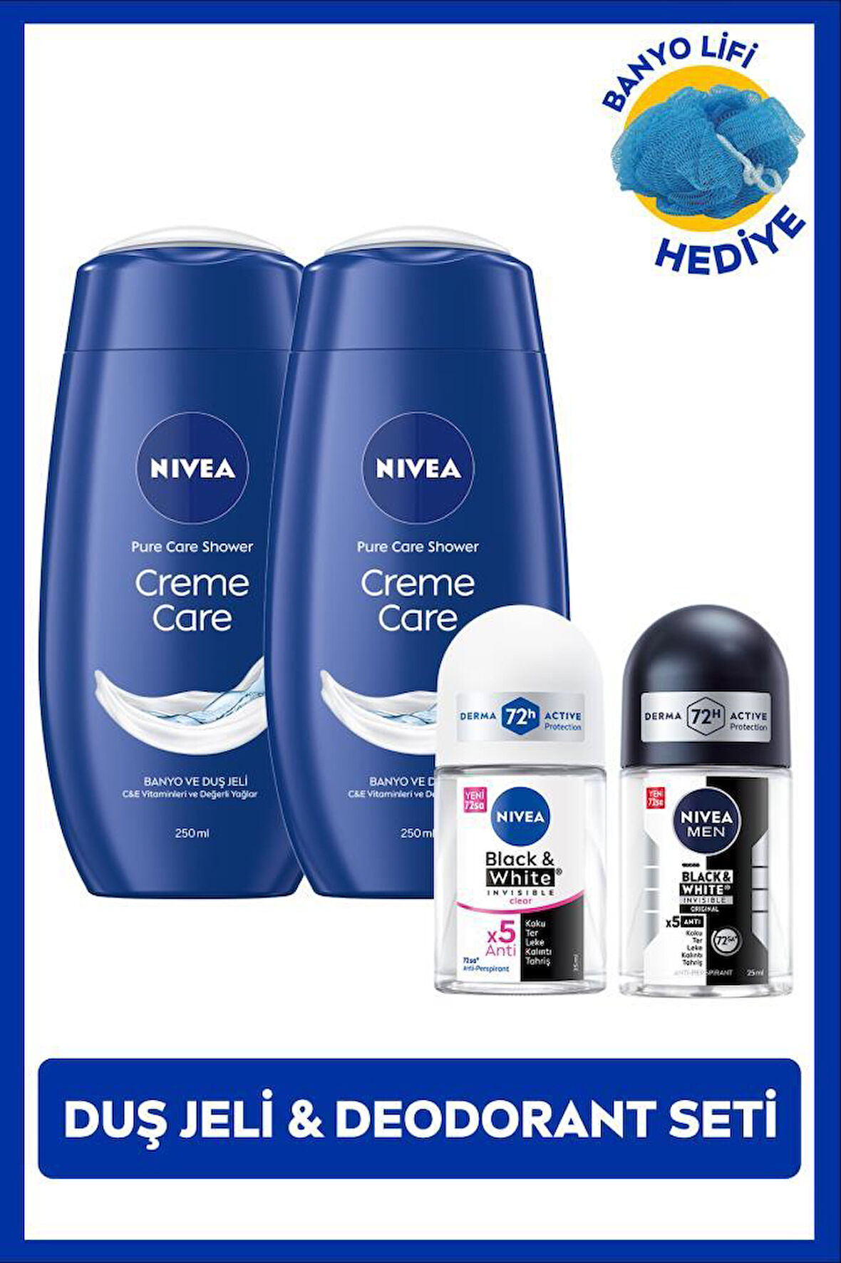 NIVEA Kadın ve Erkek Roll-on Deodorant Black&White 25ml, Creme Care Duş Jeli X2 Adet, Banyo Lifi Hediye, Avantajlı Aile Paketi