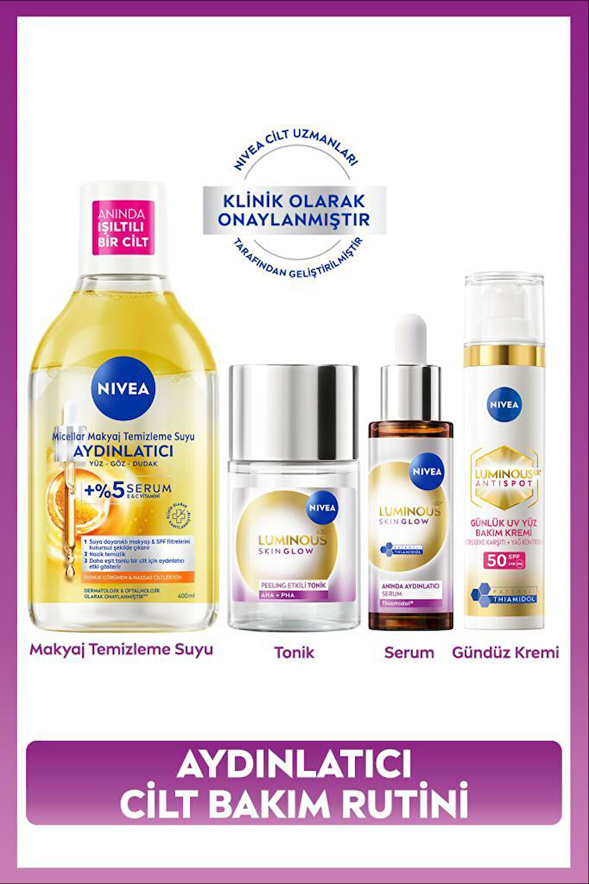 Aydınlatıcı Leke Karşıtı Cilt Bakım Rutin Seti, +SPF50 Güneş Koruyucu, Nemlendirici Gündüz Yüz Kremi, Hyaluronik Asit, Eşit Cilt Tonu