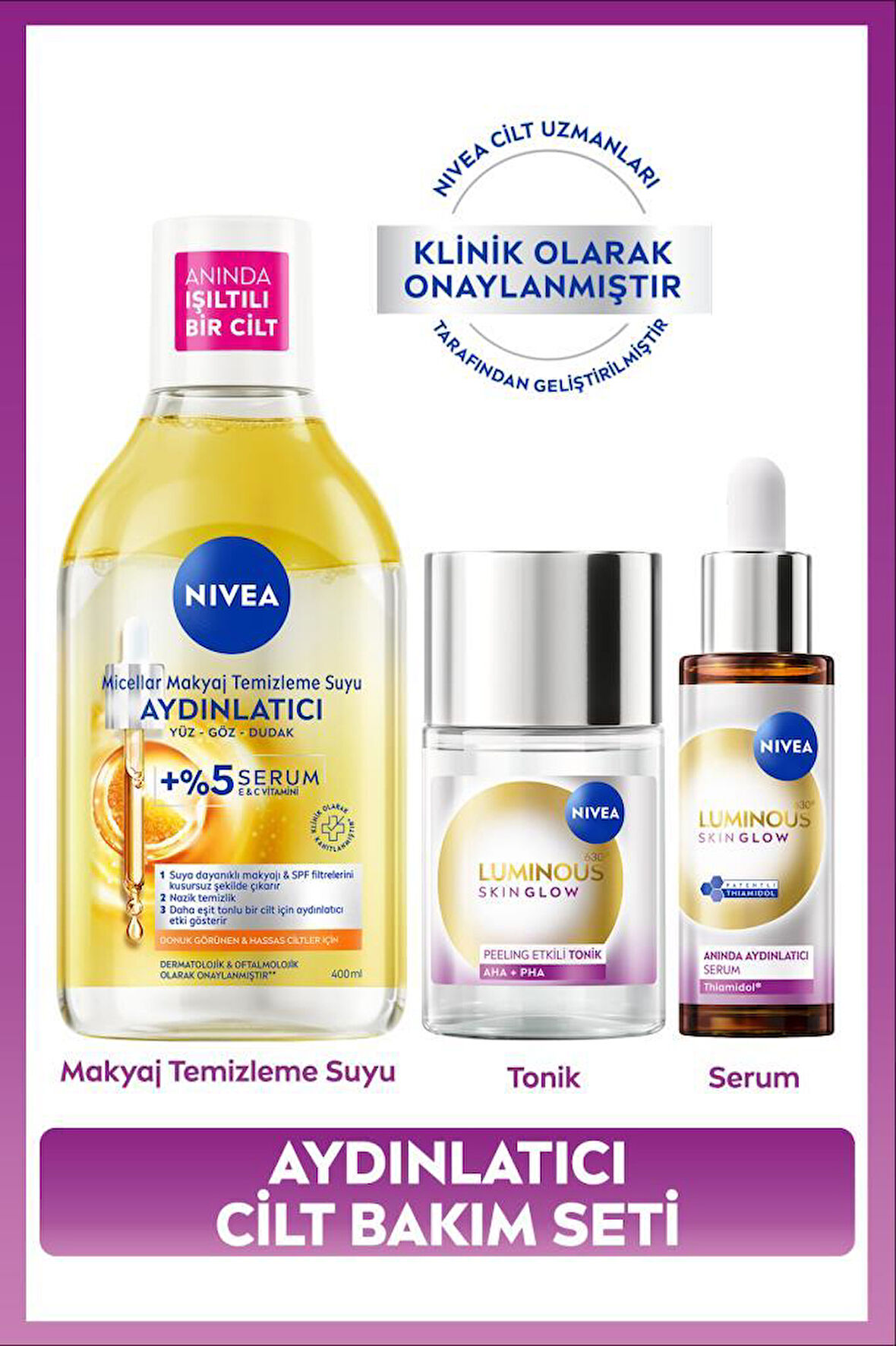 Aydınlatıcı Cilt Bakım Seti, Nemlendirici Serum, Tonik, Micellar Makyaj Temizleme Suyu, C Vitamini, Aloe Vera, Eşit Cilt Tonu