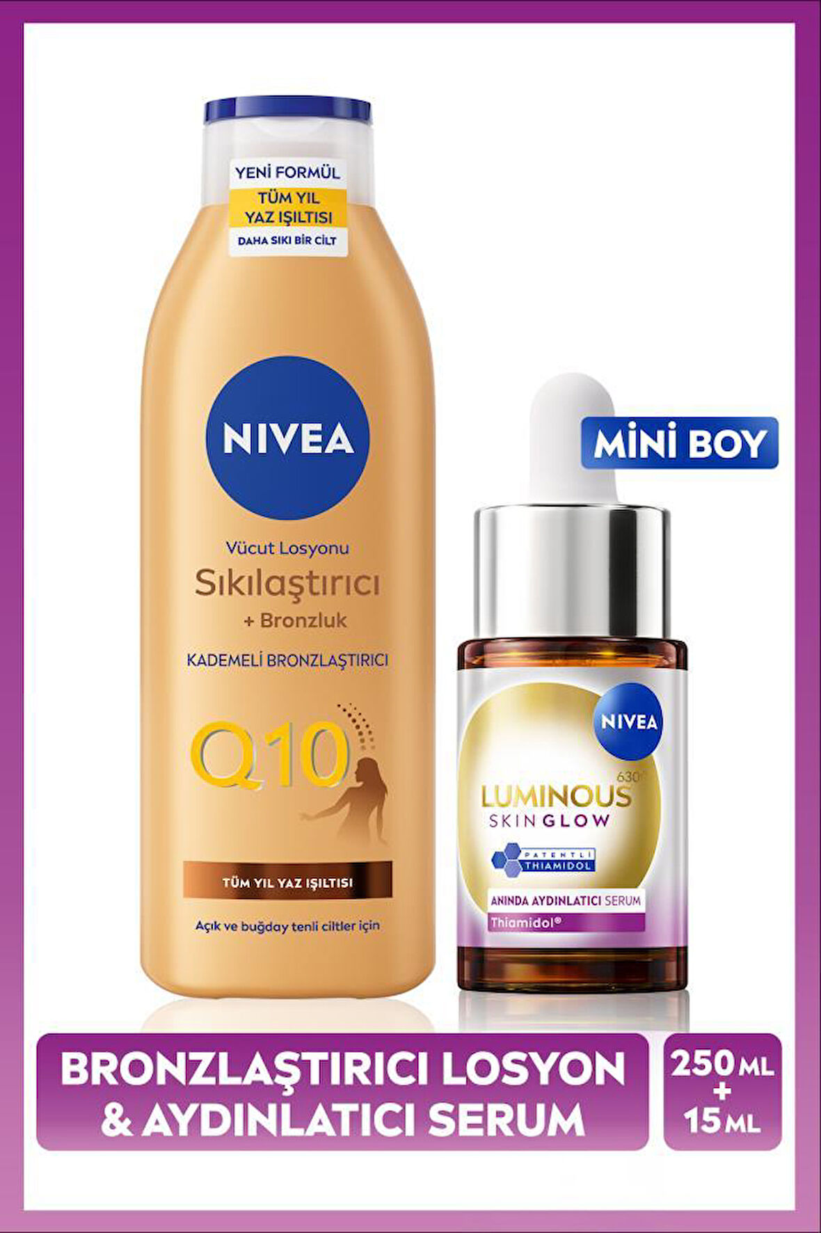 Luminous630 Skin Glow Anında Aydınlatıcı Serum 15ml ve Q10 Sıkılaştırıcı Brozluk Vücut Losyonu 250ml