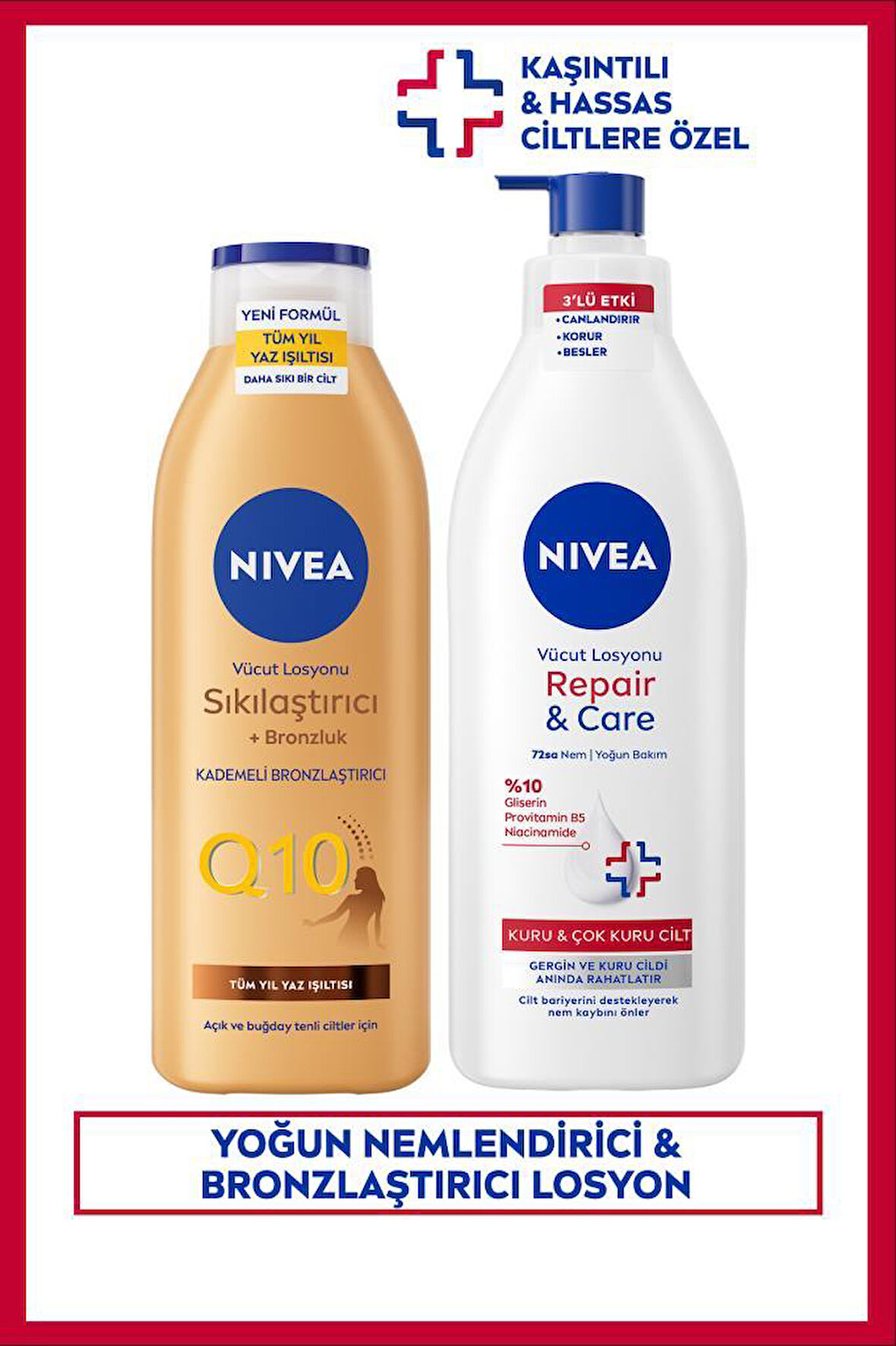 Repair&Care Nemlendirici Vücut Losyonu 400ml ve Sıkılaştırıcı Bronzluk Losyon 250ml, Kaşıntılı Cilt