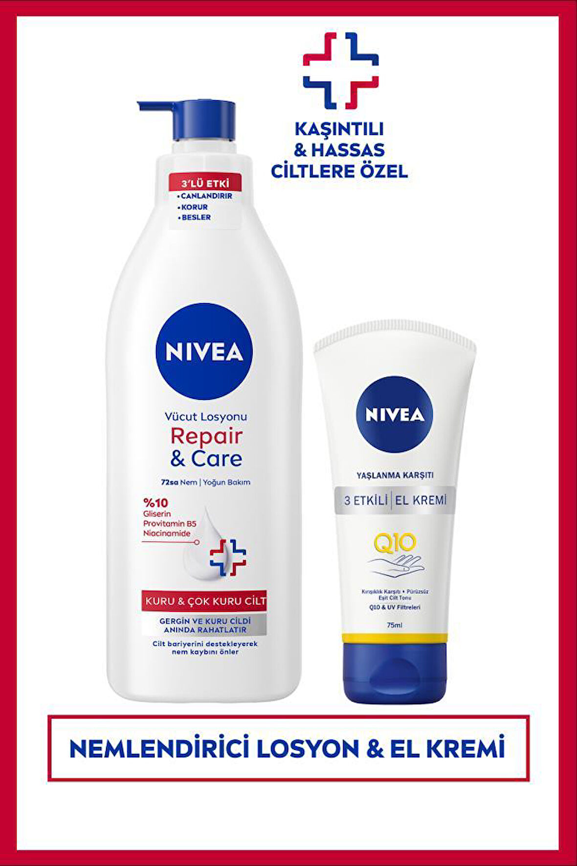 Repair&Care Nemlendirici Vücut Losyonu 400ml ve Q10 Yaşlanma Karşıtı 3 Etkili El Bakım Kremi 75ml