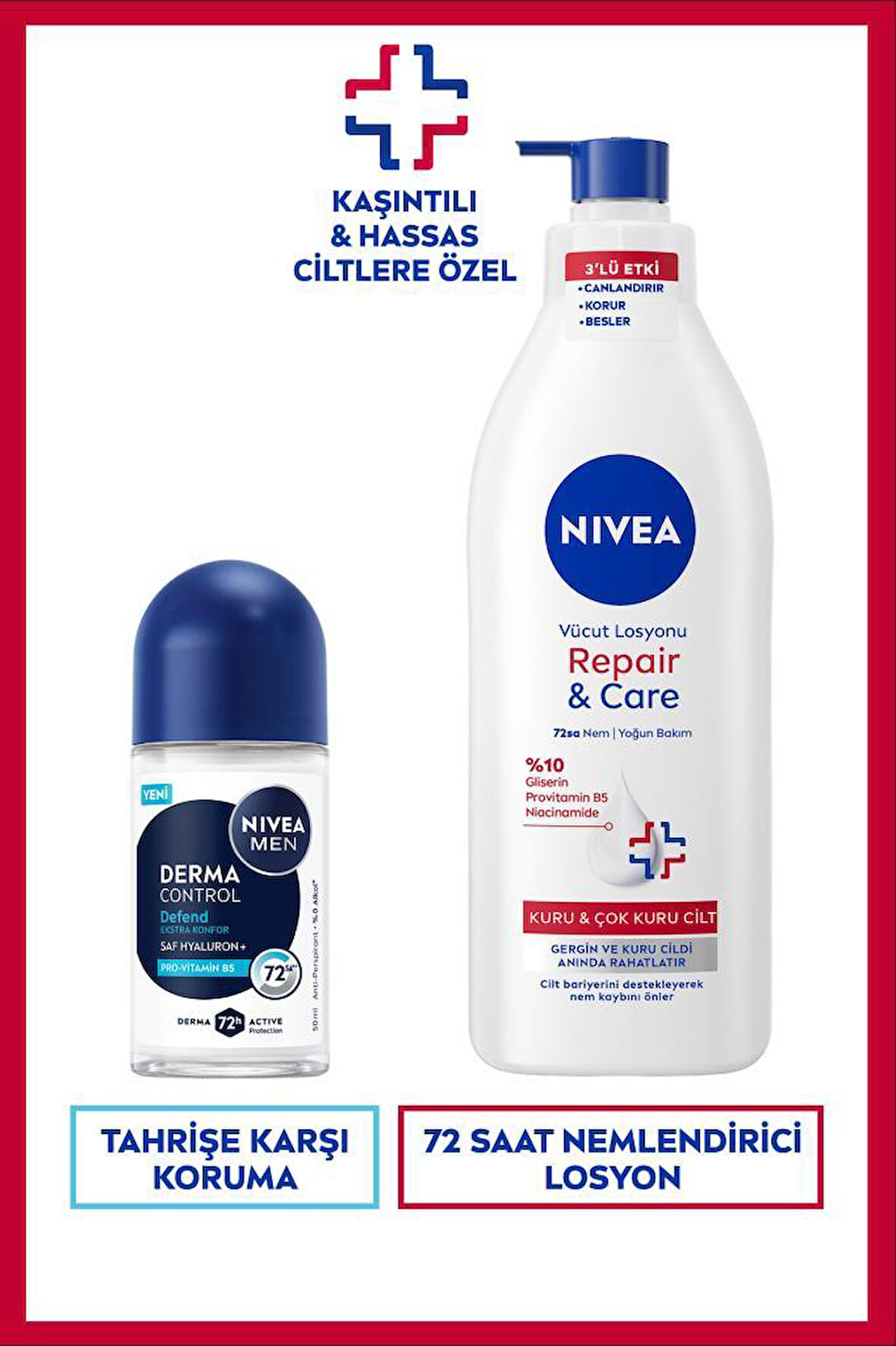 MEN Erkek Roll-on Deodorant Derma Control Defend 50ml ve Repair&Care Nemlendirici Vücut Losyonu