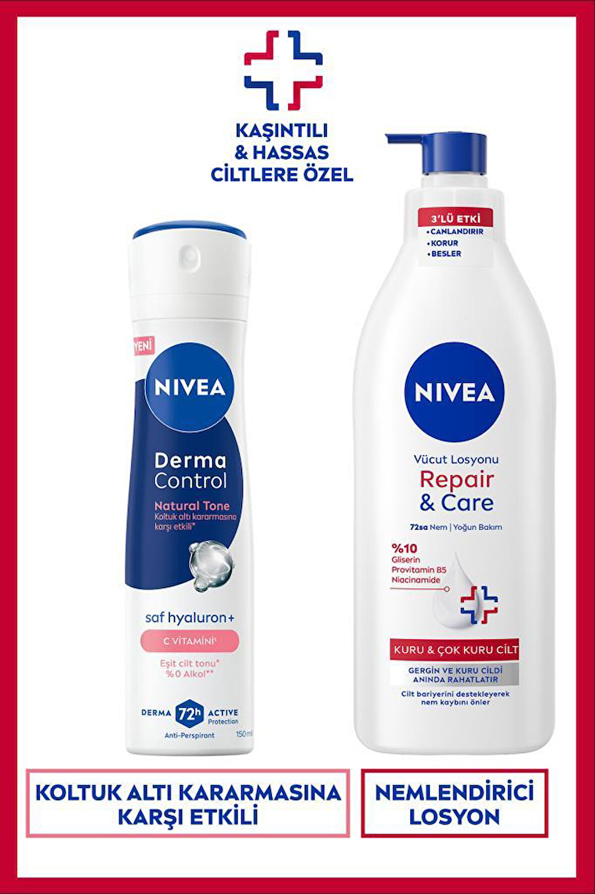 Kadın Sprey Deodorant Derma Control Natural Tone 150ml ve Repair&Care Nemlendirici Vücut Losyonu