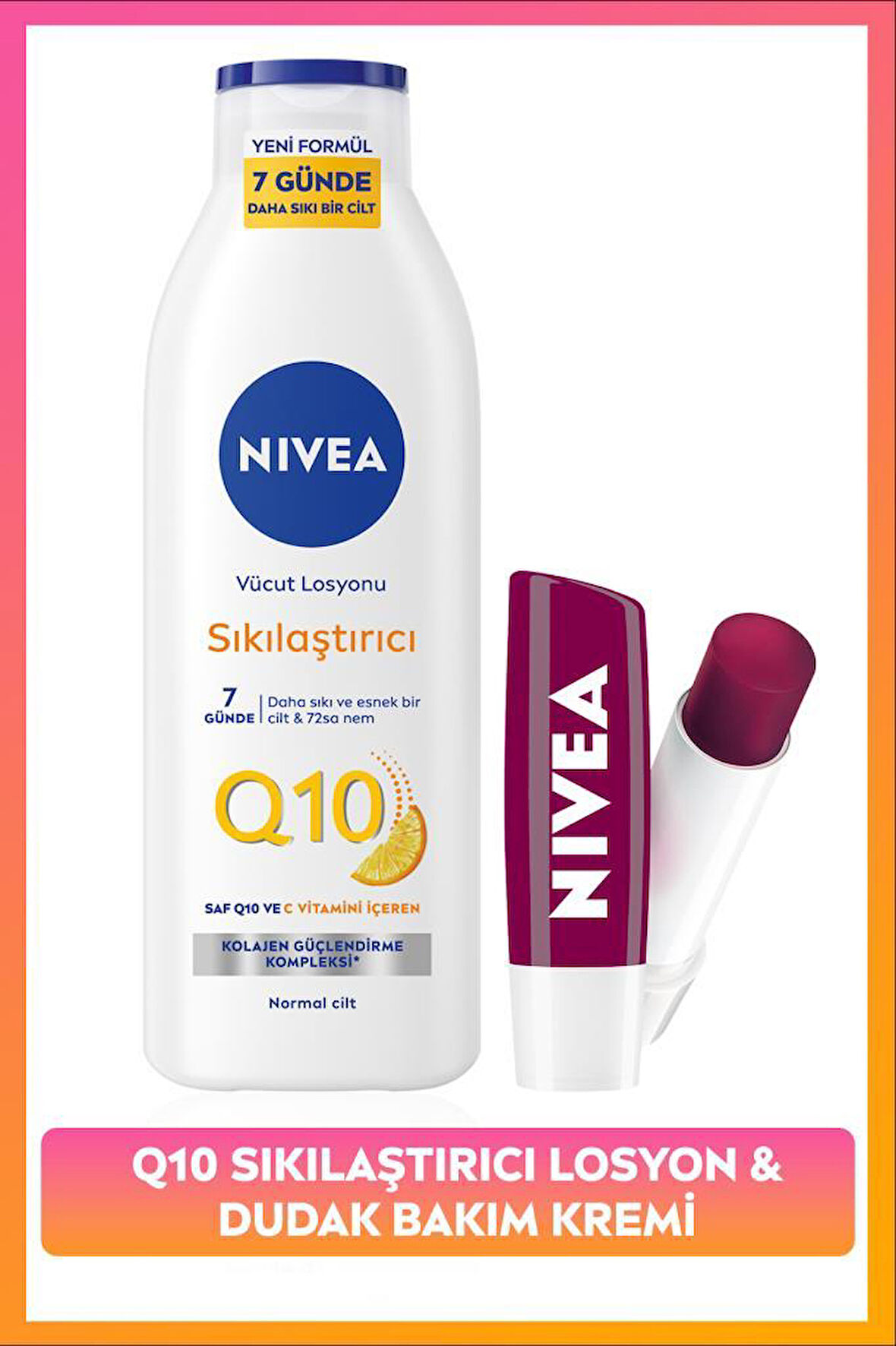 Q10 Sıkılaştırıcı C Vitamini Vücut Losyonu 250ml ve Nemlendirici Böğürtlen Dudak Bakım Kremi