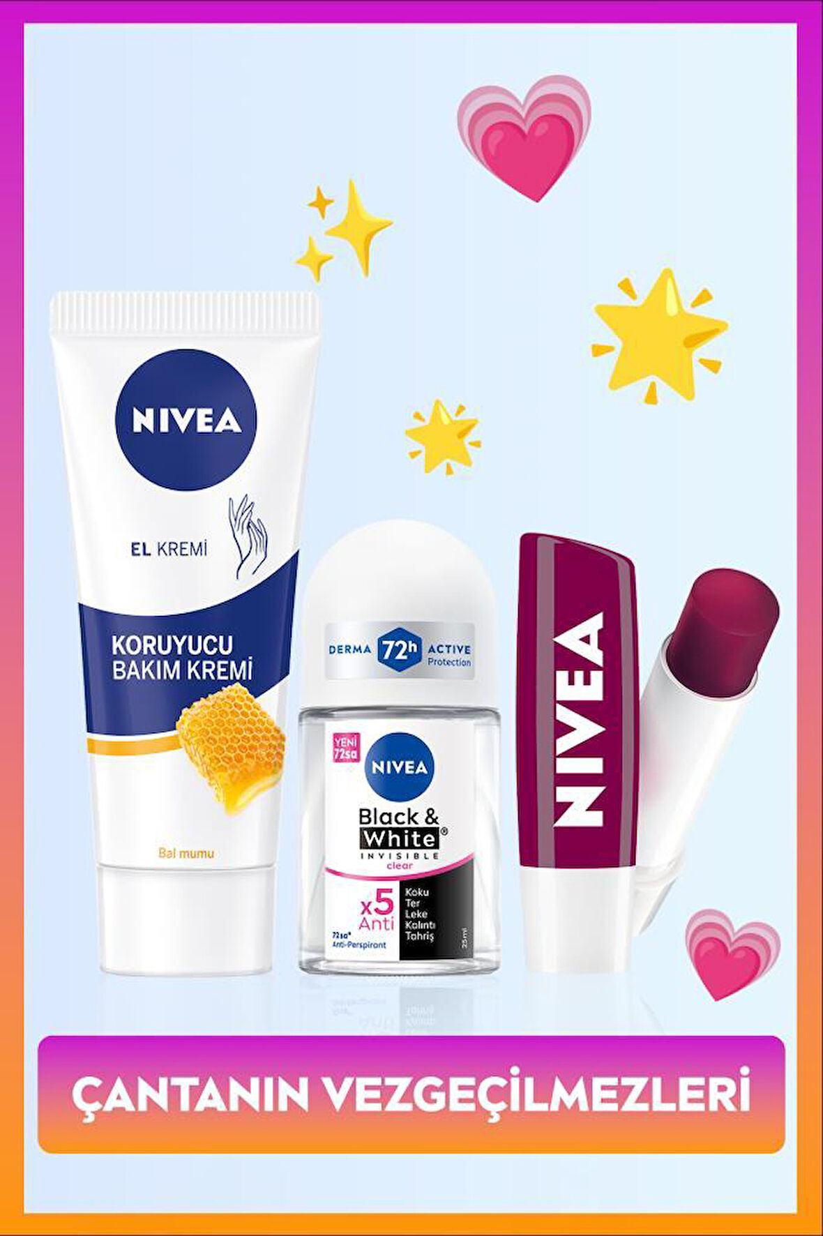 Kadın Roll-on Deodorant Black&White Invisible Clear 25ml, El Kremi ve Böğürtlen Renkli Dudak Kremi