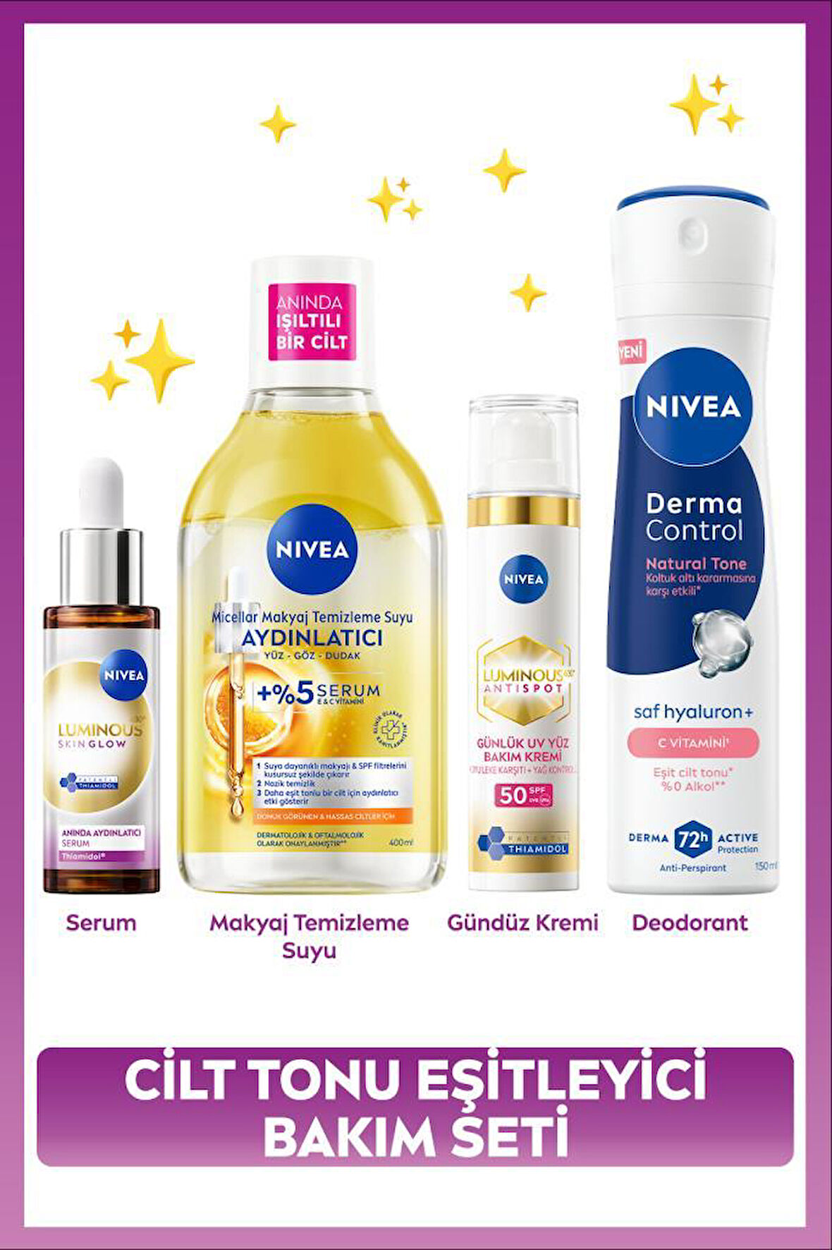 Cilt Tonu Eşitleyici Bakım Seti, Aydınlatıcı Serum, Makyaj Temizleme Suyu, Gündüz Kremi ve Deodorant