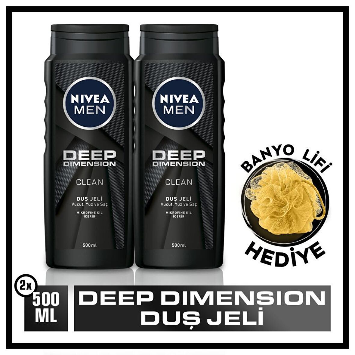 Nivea Men Deep Dimension Odunsu Aromalı Arındırıcı Tüm Ciltler İçin Duş Jeli 2 x 500 ml + Banyo Lifi