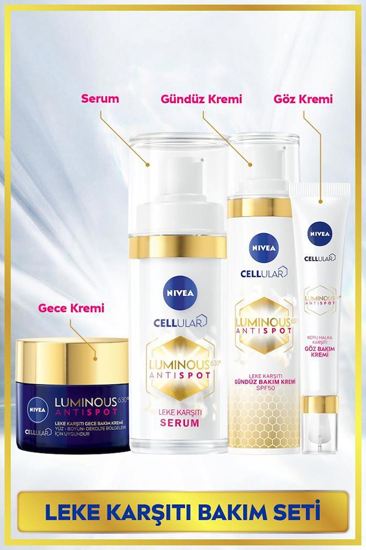 NIVEA Luminous630 Leke Karşıtı Cilt Bakım Seti,Gündüz Yüz Kremi 50ml,Gece Kremi,Cilt Serumu,Göz Kremi