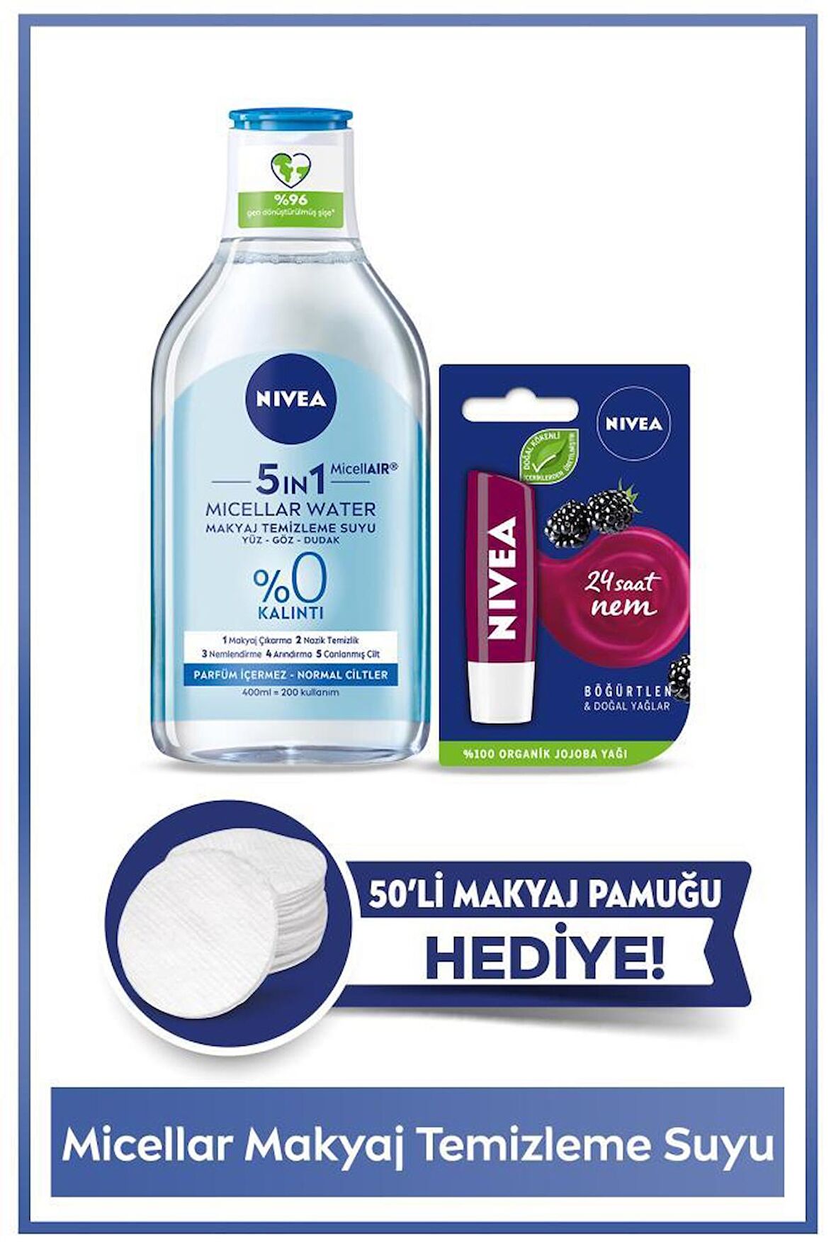 Micellar Water Makyaj Temizleme Suyu 400ml,Dudak Bakım Kremi,Makyaj Pamuğu Hediye