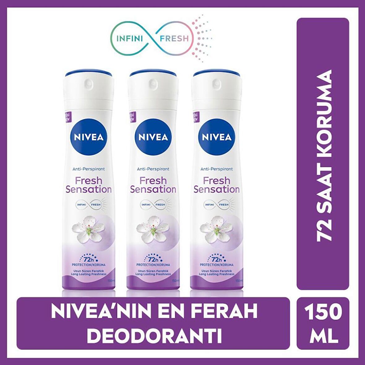 Nivea Fresh Sensation Kadın Sprey Deodorant 150 Ml,72 Saat Anti-perspirant Koruma,uzun Süren Ferahlık