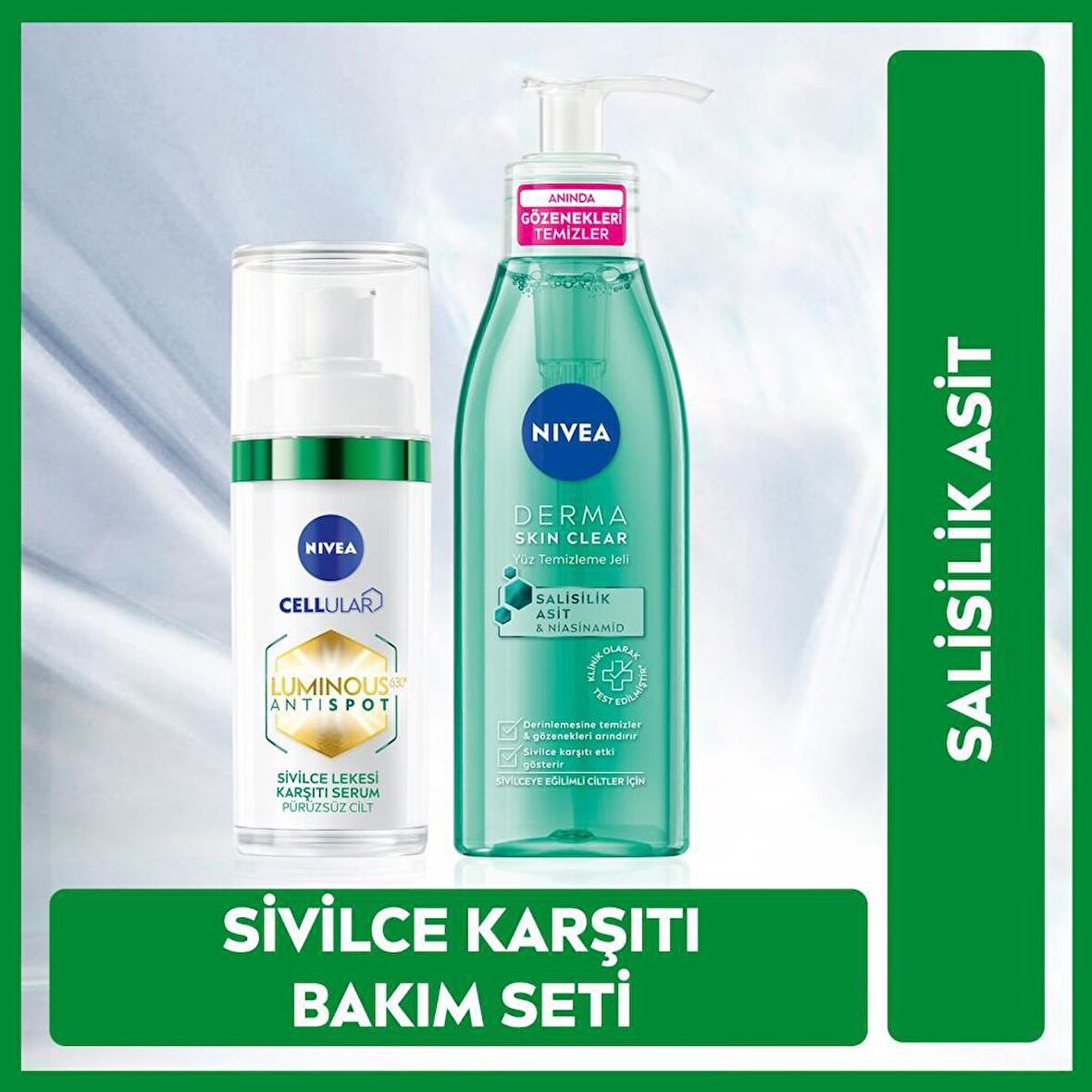 NIVEA Sivilce Karşıtı Luminous630 Serum ve Derma Skin Clear Temizleme Jeli,Salisilik Asit,Yağlı Cilt