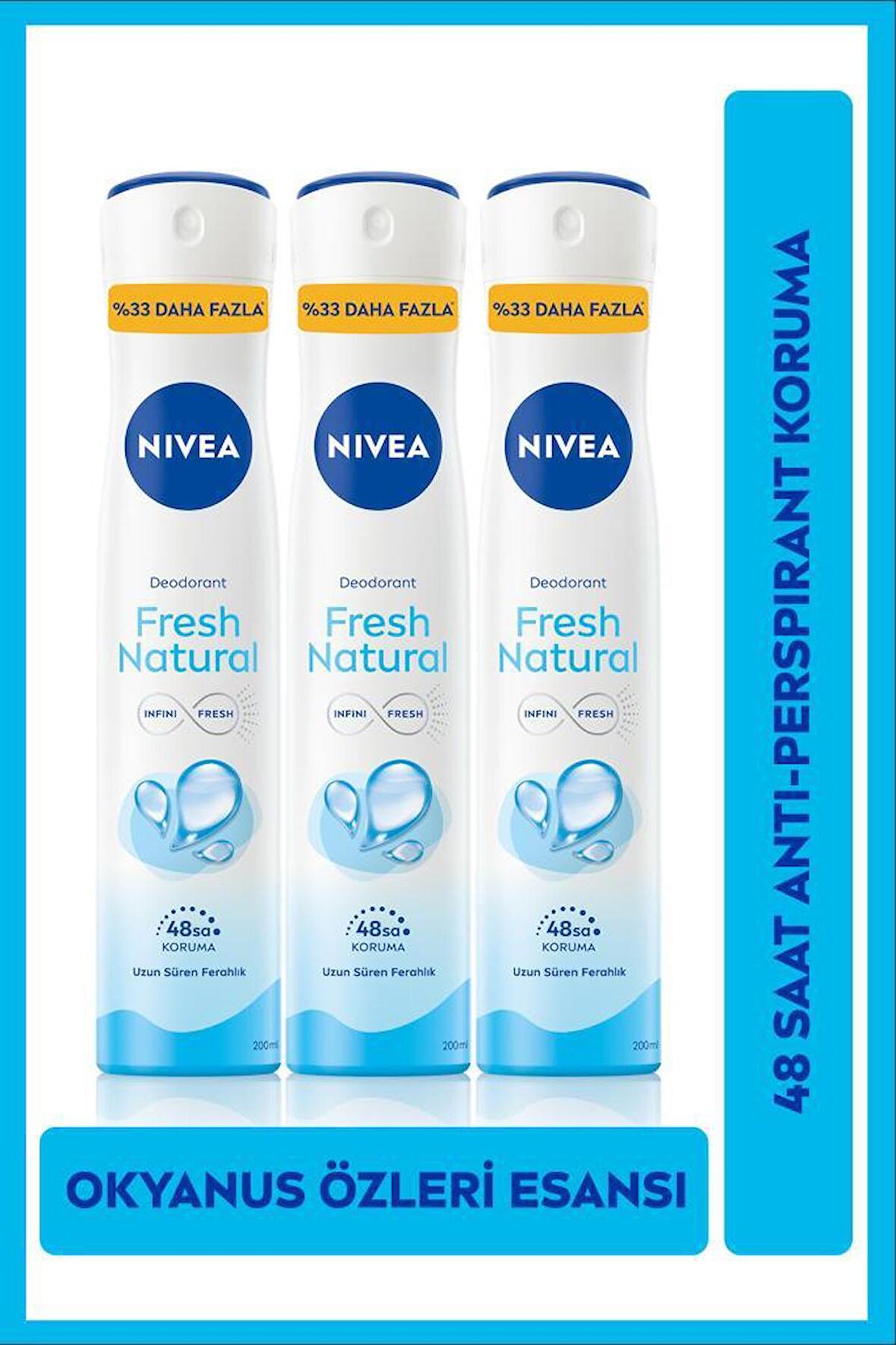 NIVEA Kadın Sprey Deodorant Fresh Natural Ter Kokusuna Karşı 48 Saat Deodorant Koruması 200mlx3Adet