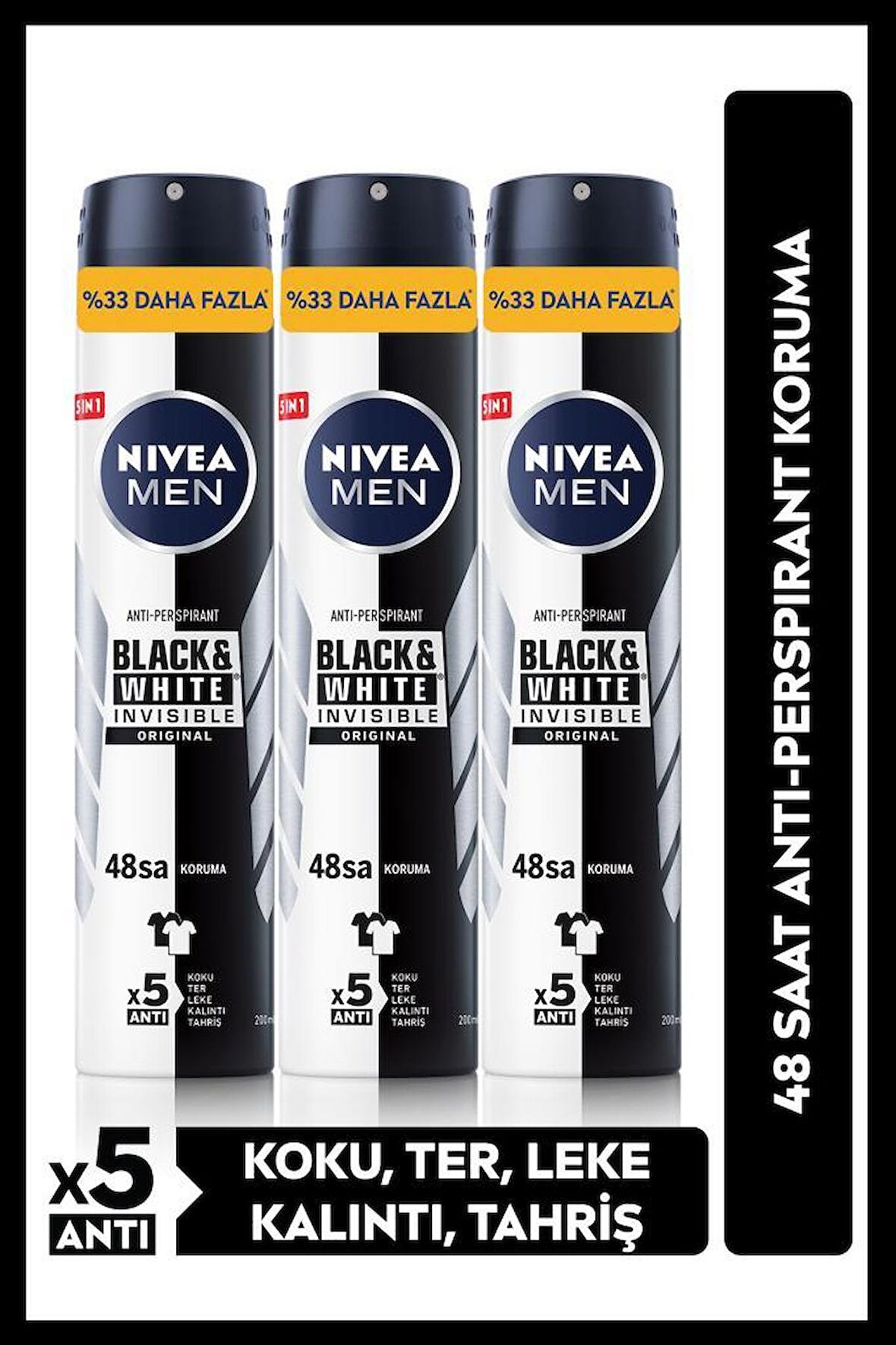 NIVEA MEN Erkek Sprey Deodorant  Black&White Invisible Original 48 Saat Anti-perspirant Koruma 200mlx3Adet