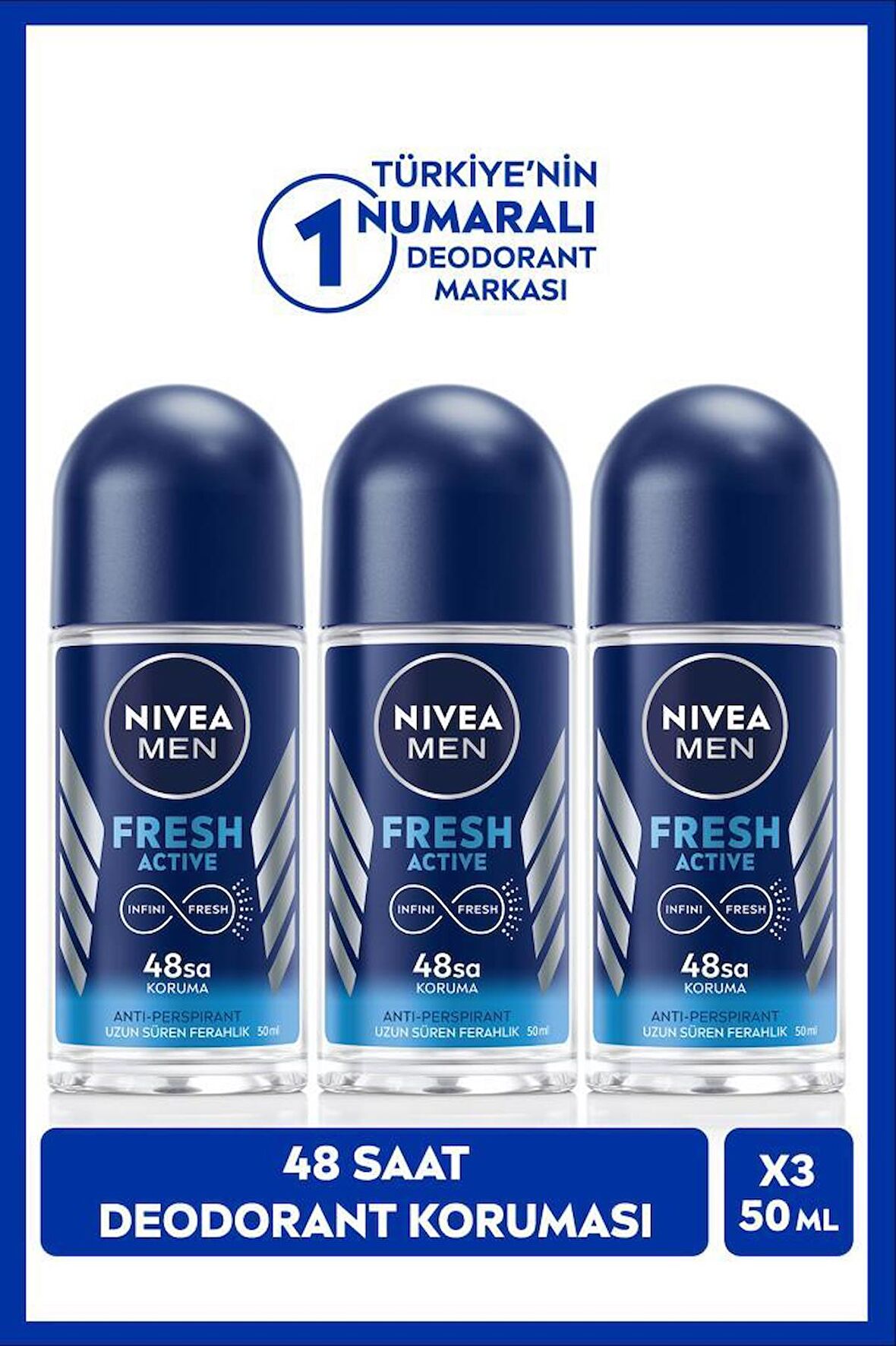 MEN Erkek Roll-on Deodorant Fresh Active 50ml, 48 Saat Koruma, X3 Adet