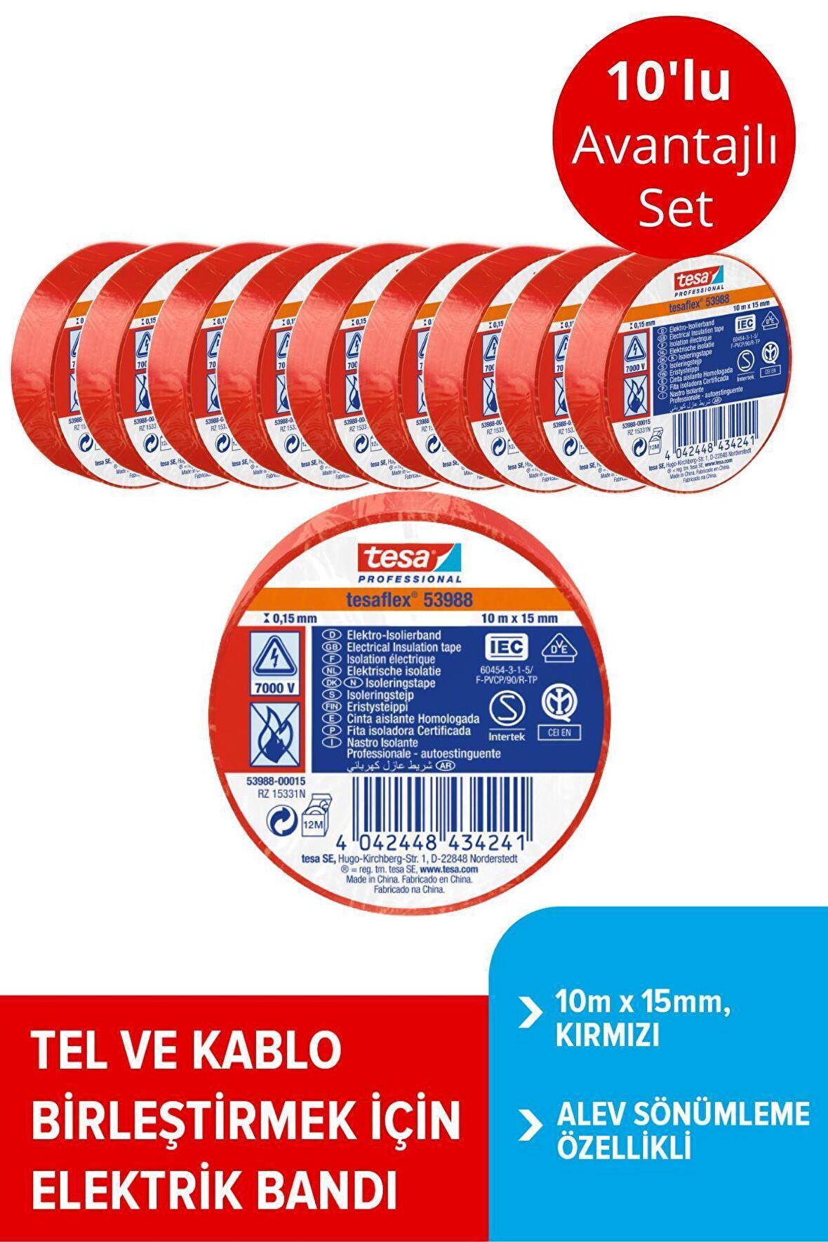 Tesa Elektrik İzolasyon Bandı sPVC, 10m x 15mm, kırmızı renk x10 Adet