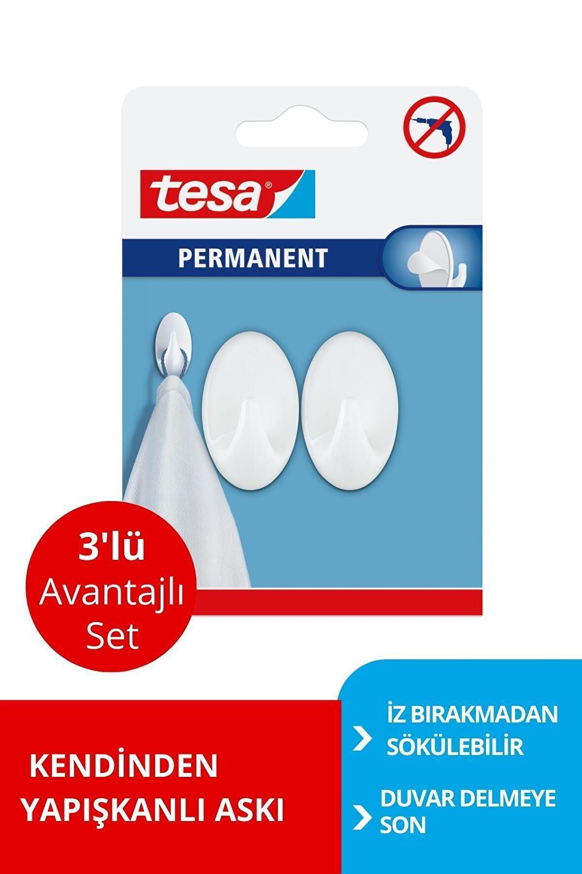 PERMANENT Askı Plastik Küçük Oval Beyaz 2 adet X 3 Paket (Toplam 6 askı)