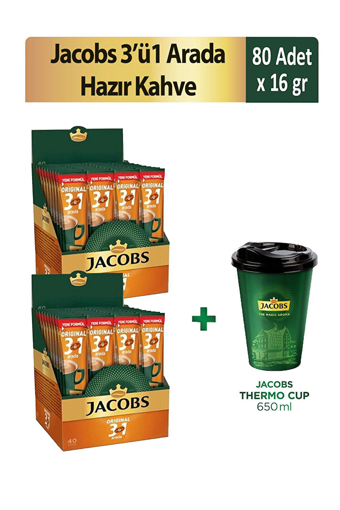 Jacobs 3'ü 1 Arada Hazır Kahve 40'lı x 2 Adet + Thermo Cup 650 ml