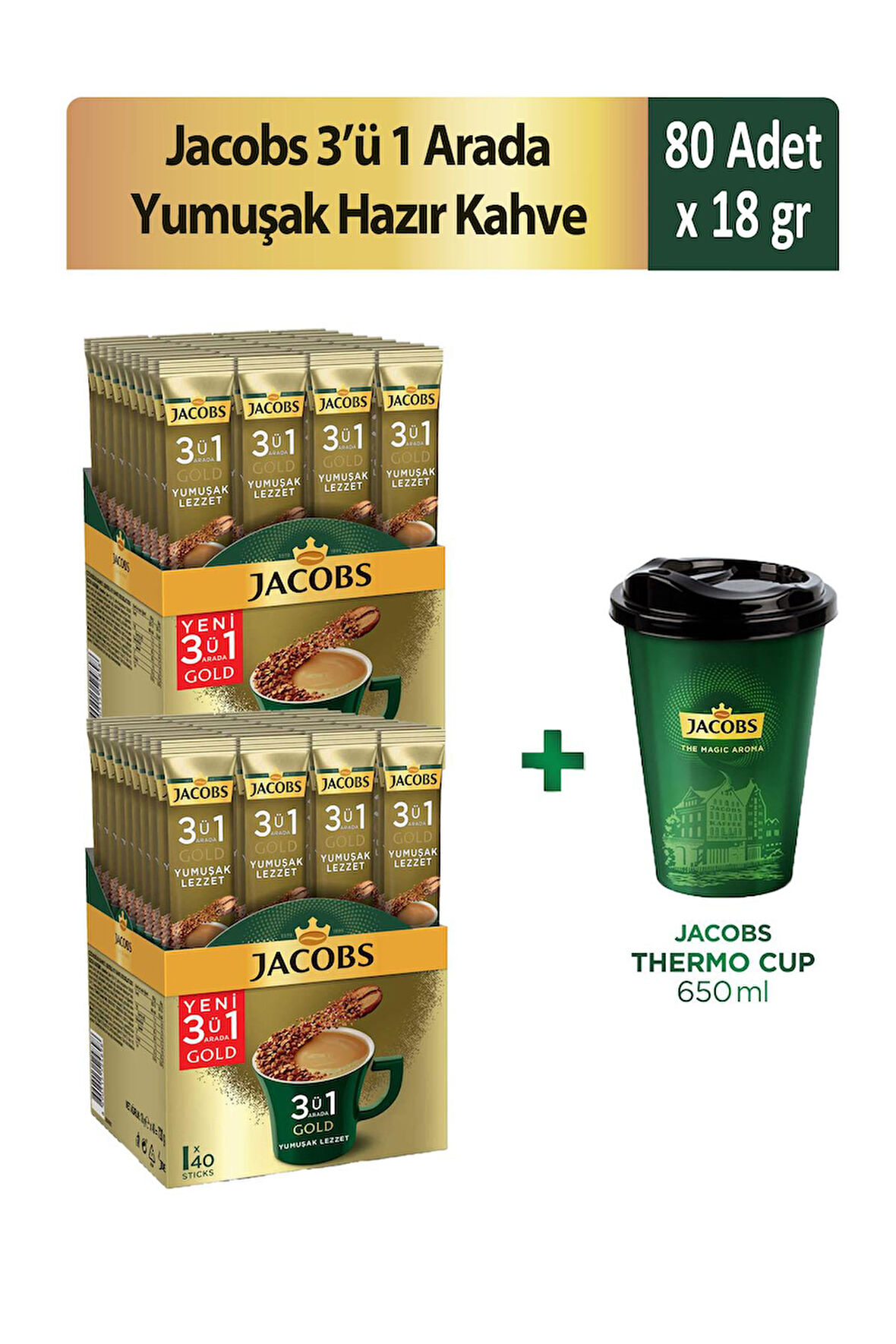Jacobs 3'ü 1 Arada Yumuşak Hazır Kahve 40'lı x 2 Adet + Thermo Cup 650 ml