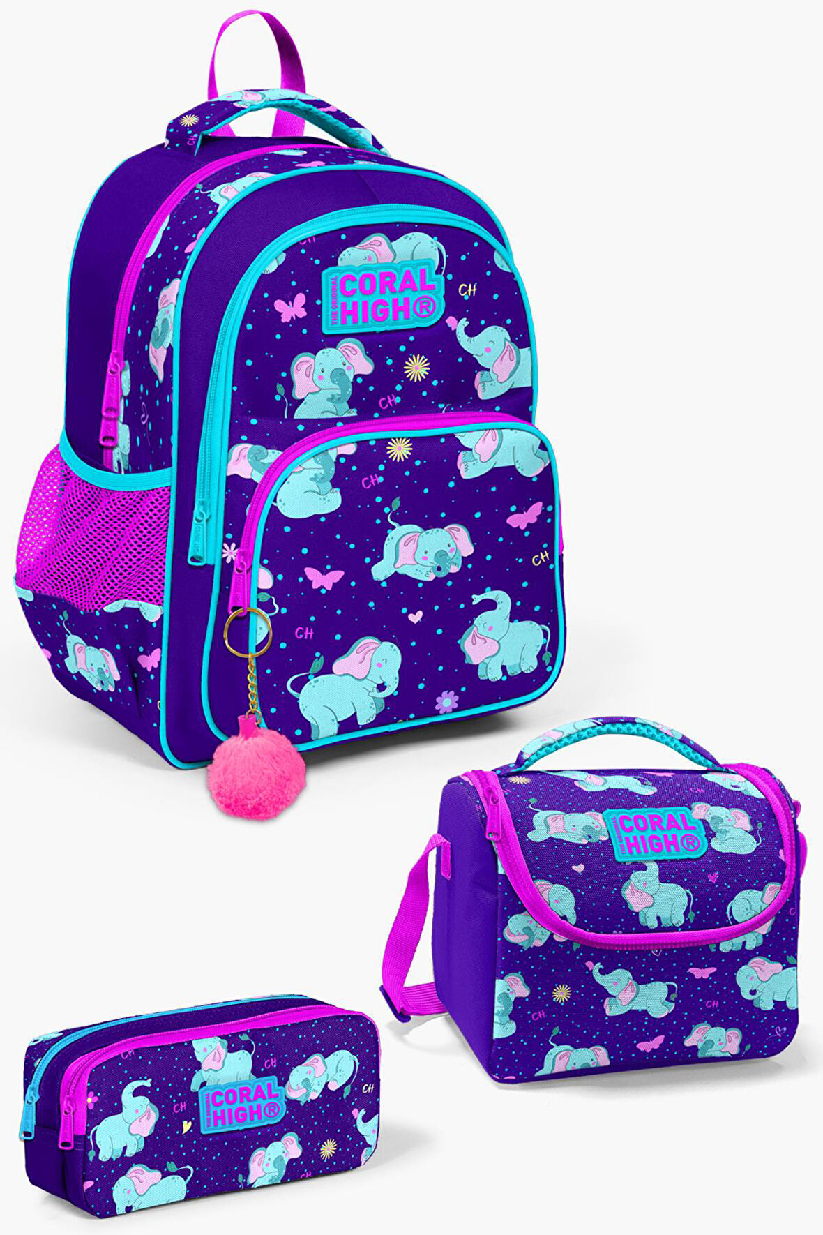 Coral High Kids Mor Pembe Fil Desenli 3'lü Okul Çanta Seti SET0114411