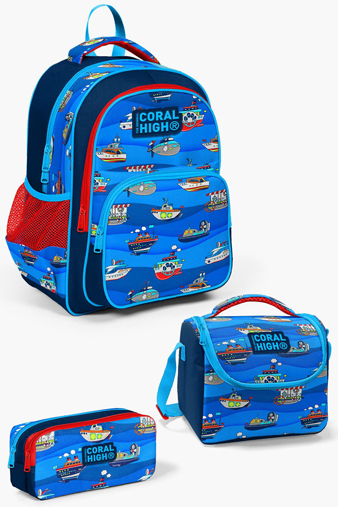 Coral High Kids Lacivert Mavi Gemi Desenli 3'lü Okul Çanta Seti SET0114416