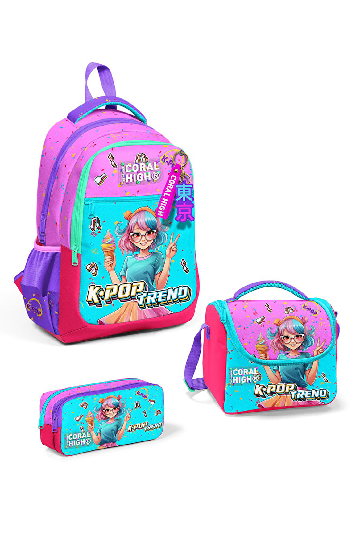 Coral High Kids Pembe Turkuaz K-Pop Desenli 3’lü Okul Çanta Seti SET0114427
