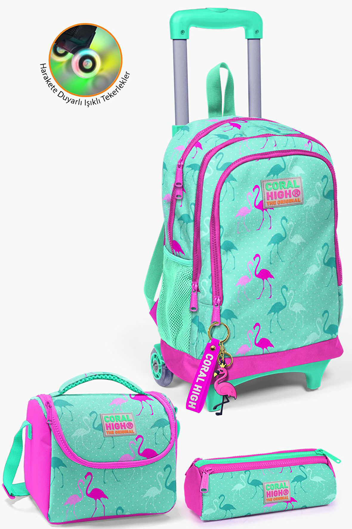 Coral High Kids Su Yeşili Neon Pembe Flamingo Desenli Çekçekli 3'lü Çanta Seti SET0123131